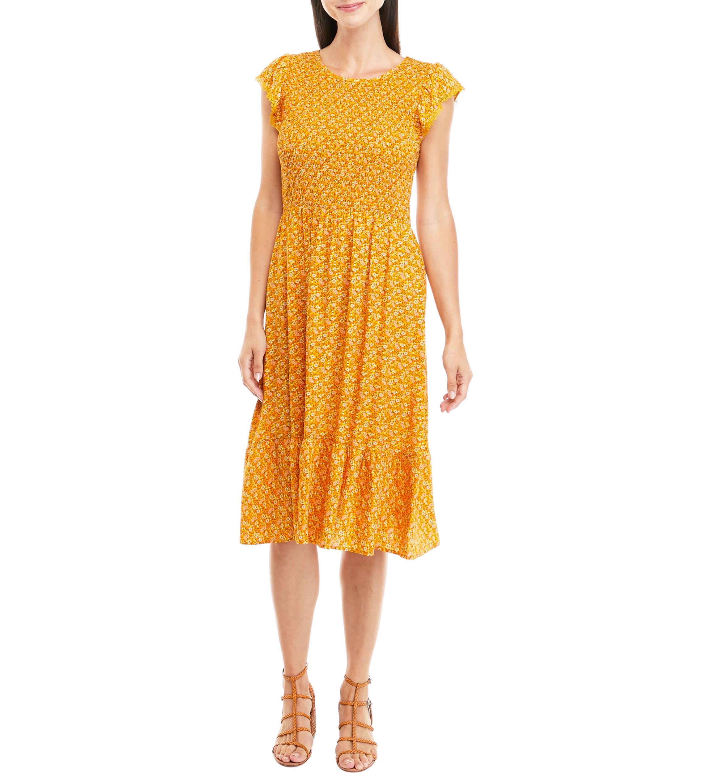Womens Flutter Sleeve Smocked Ditsy Print Challis Midi Dress 