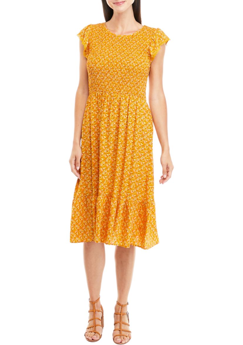 Womens Flutter Sleeve Smocked Ditsy Print Challis Midi Dress 