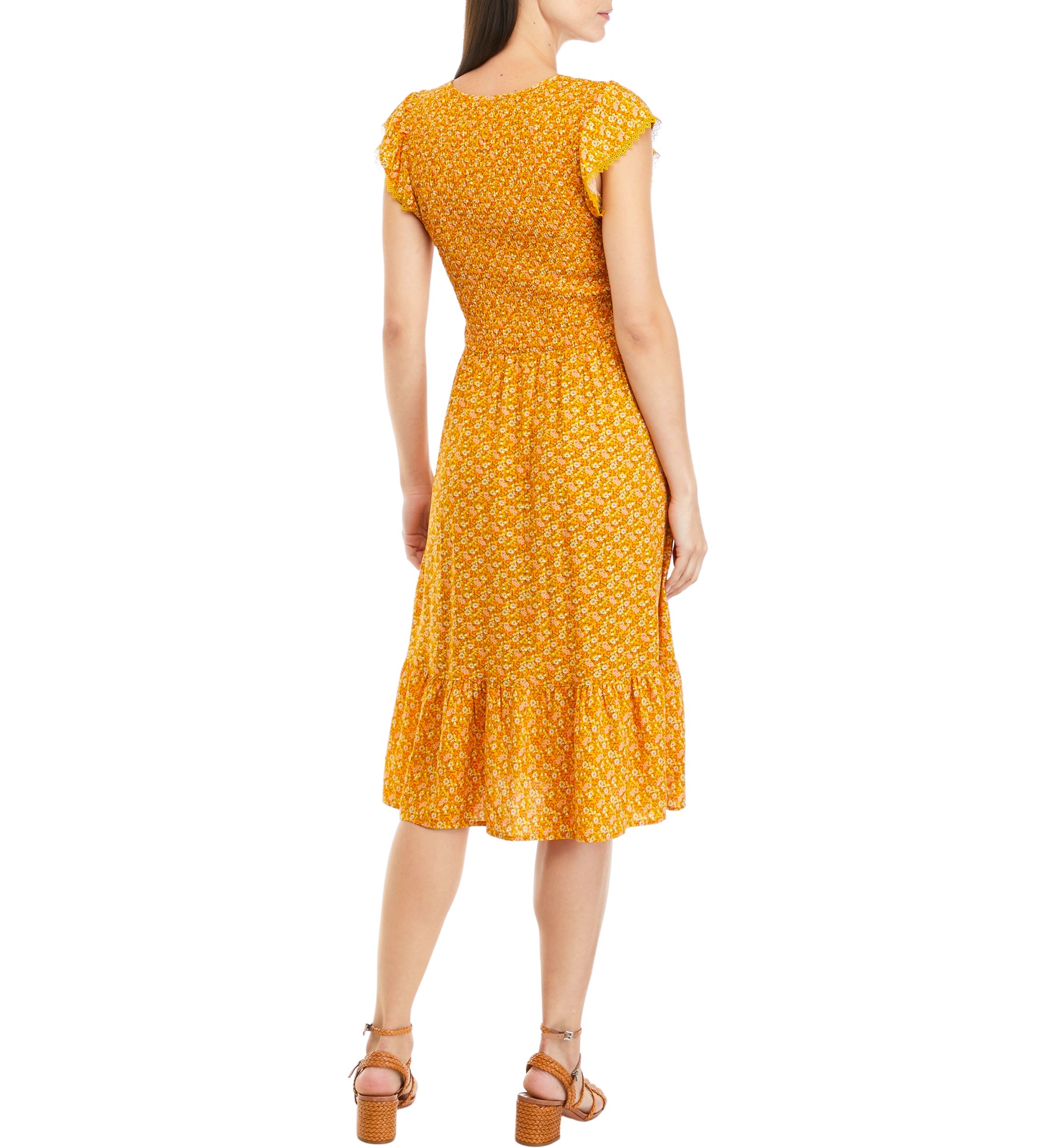 Womens Flutter Sleeve Smocked Ditsy Print Challis Midi Dress 