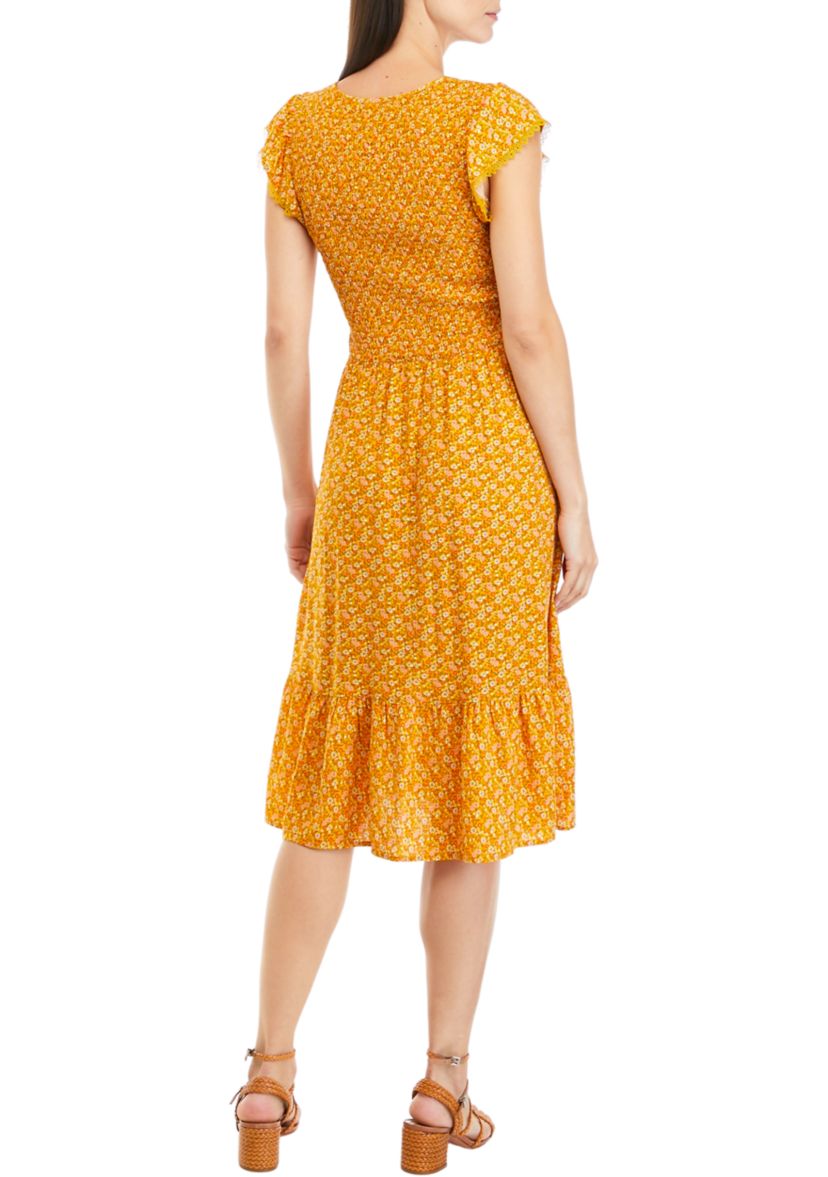 Womens Flutter Sleeve Smocked Ditsy Print Challis Midi Dress 