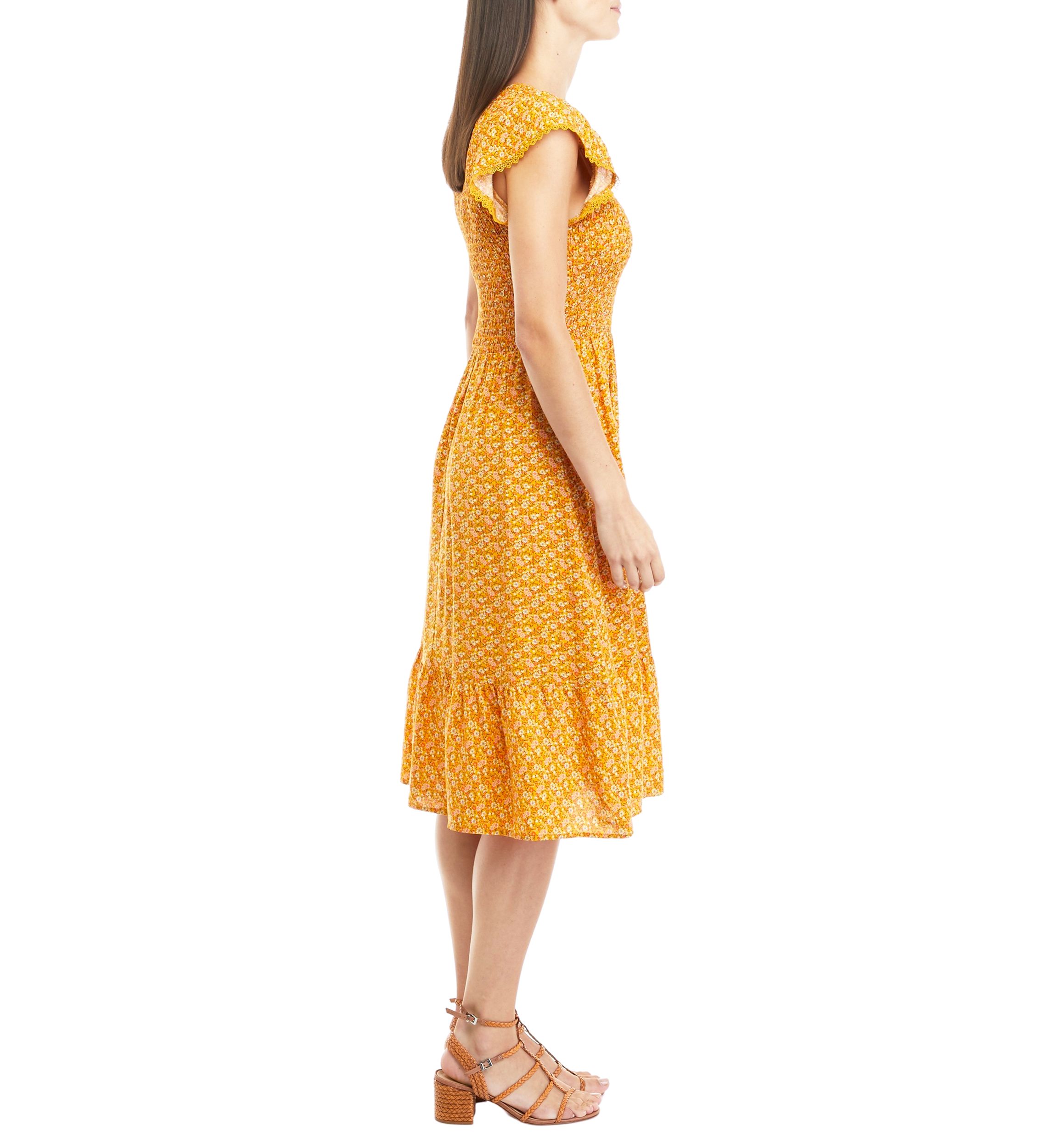 Womens Flutter Sleeve Smocked Ditsy Print Challis Midi Dress 