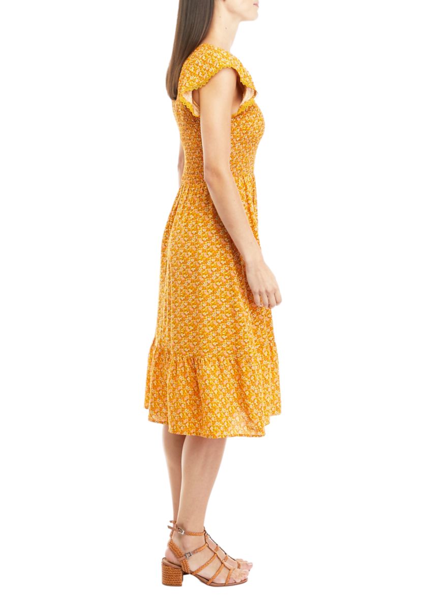 Womens Flutter Sleeve Smocked Ditsy Print Challis Midi Dress 