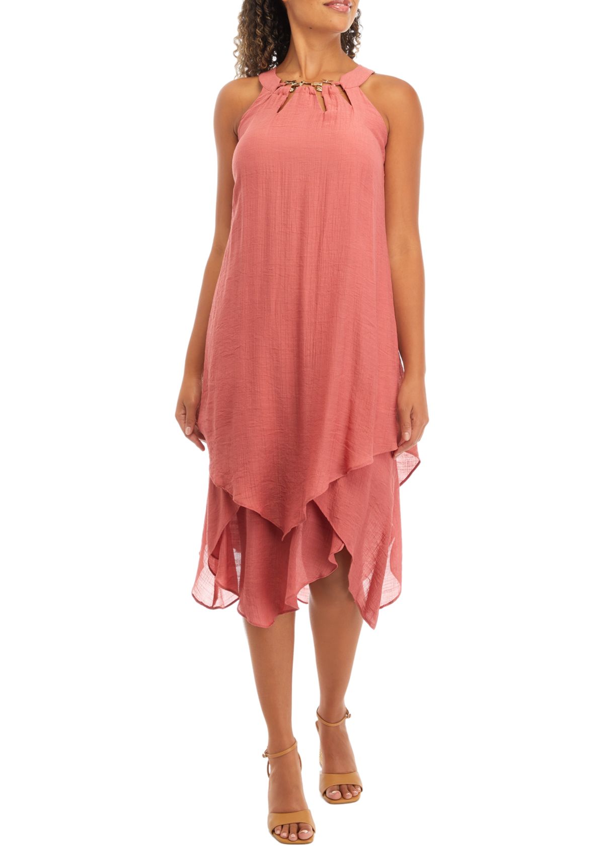 Womens Sleeveless Crew Neck Solid Gauze A-Line Dress