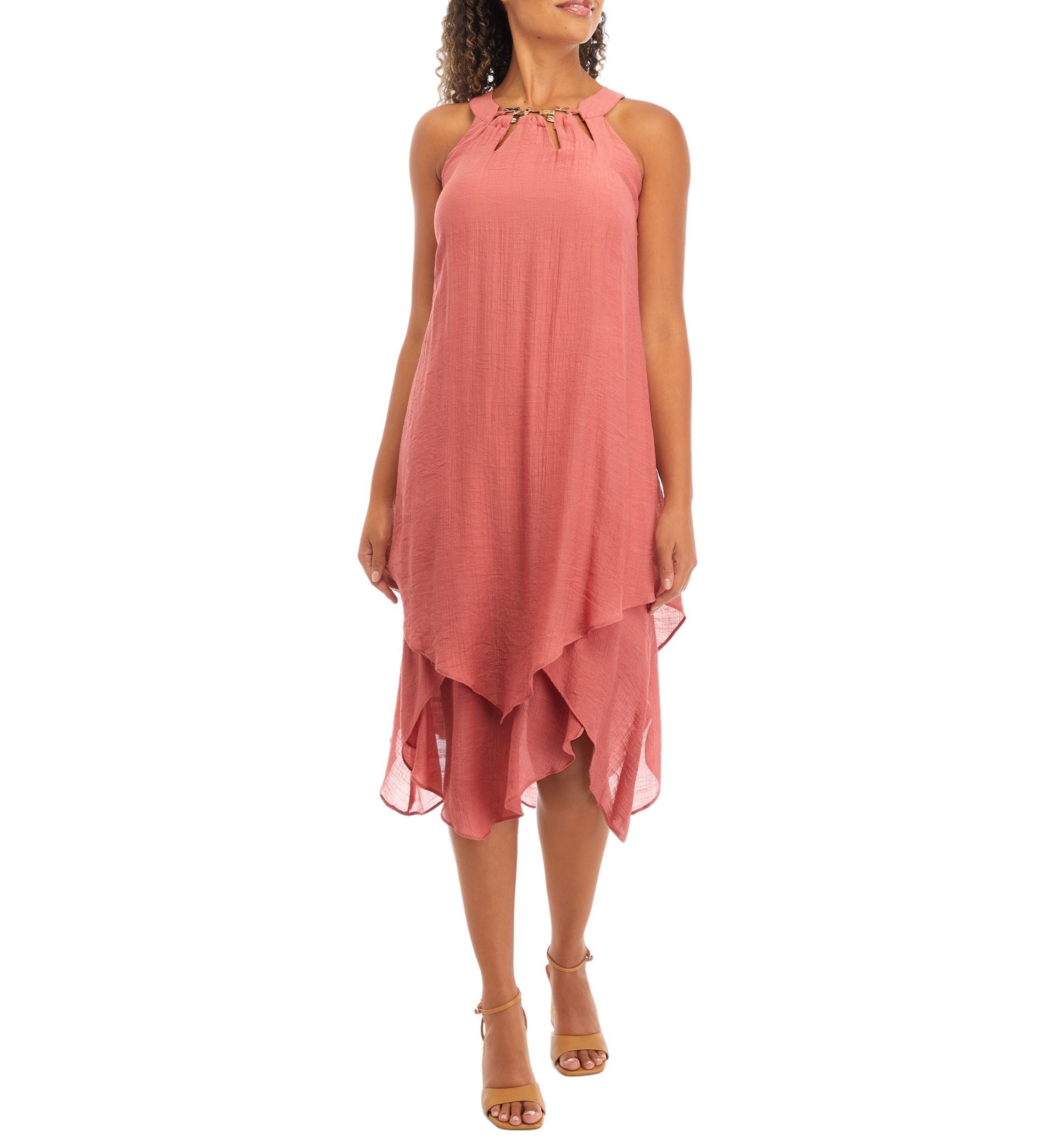 Womens Sleeveless Crew Neck Solid Gauze A-Line Dress