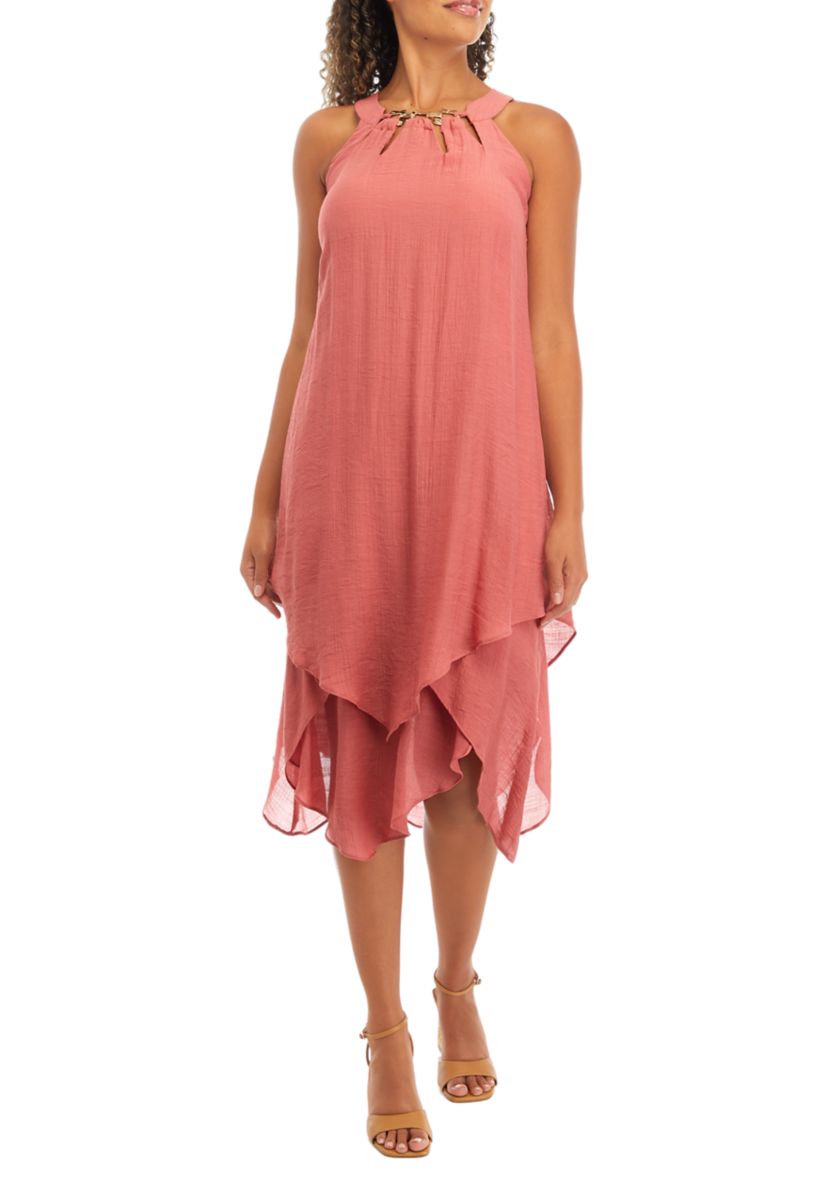 Womens Sleeveless Crew Neck Solid Gauze A-Line Dress