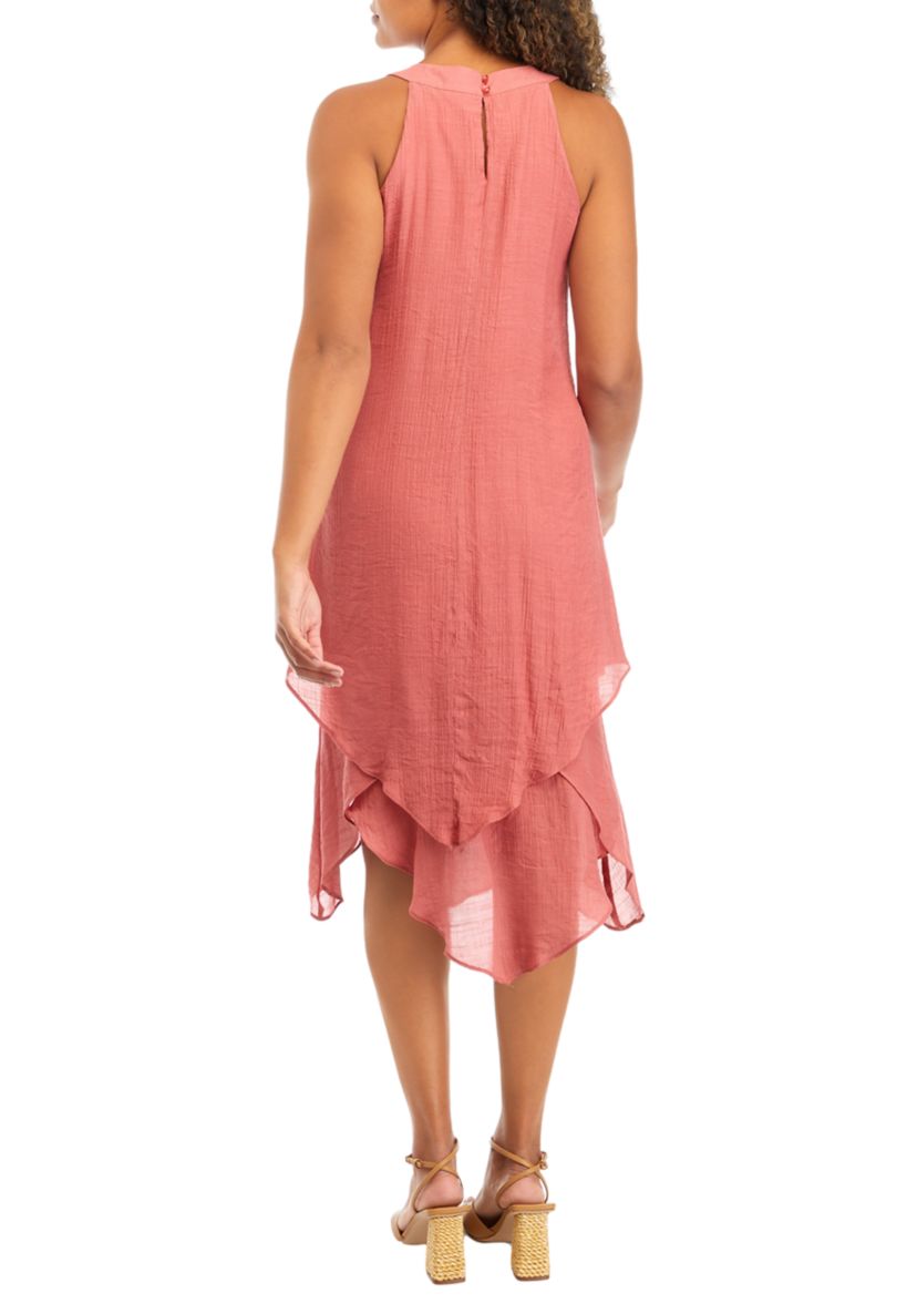 Womens Sleeveless Crew Neck Solid Gauze A-Line Dress
