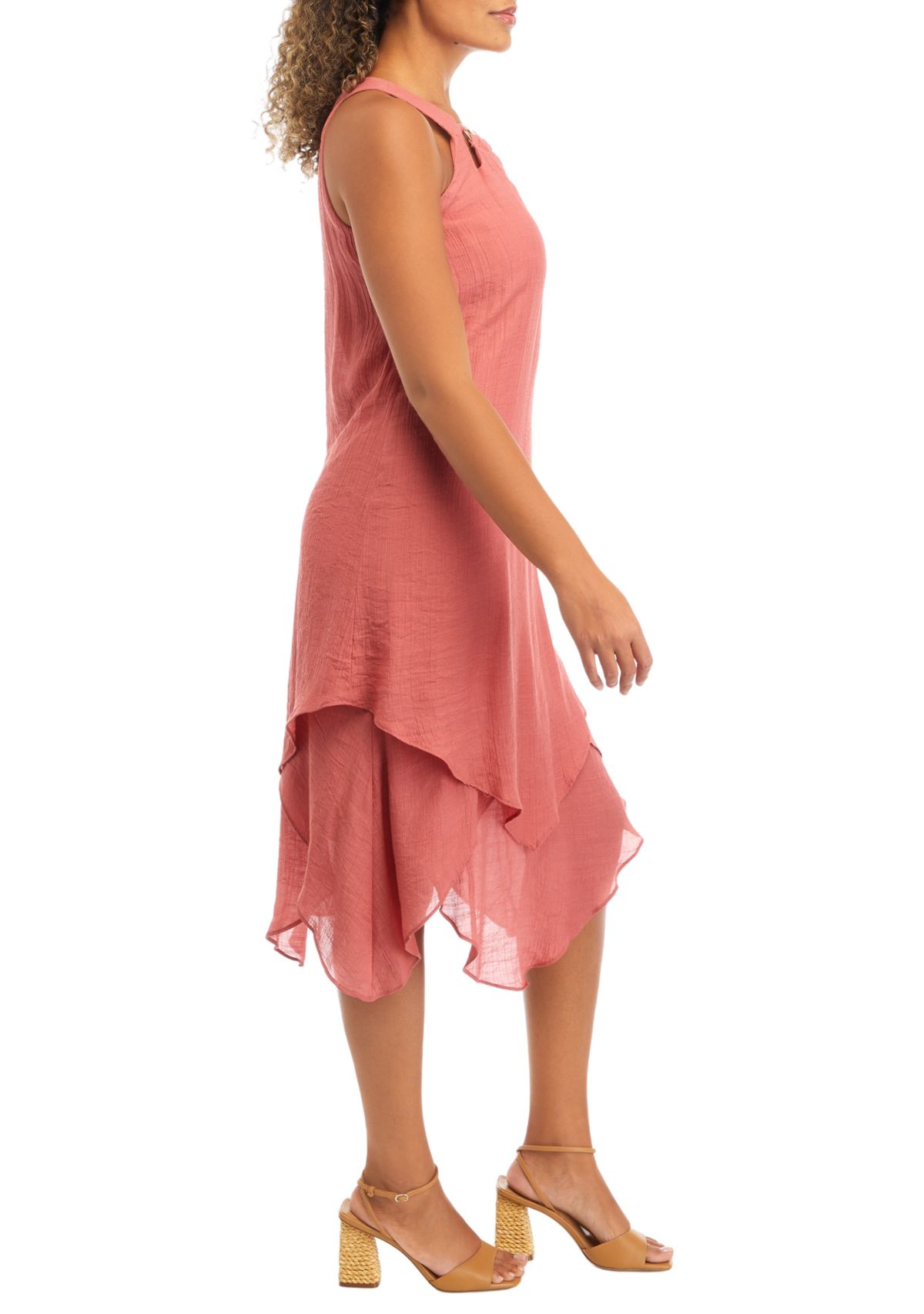 Womens Sleeveless Crew Neck Solid Gauze A-Line Dress