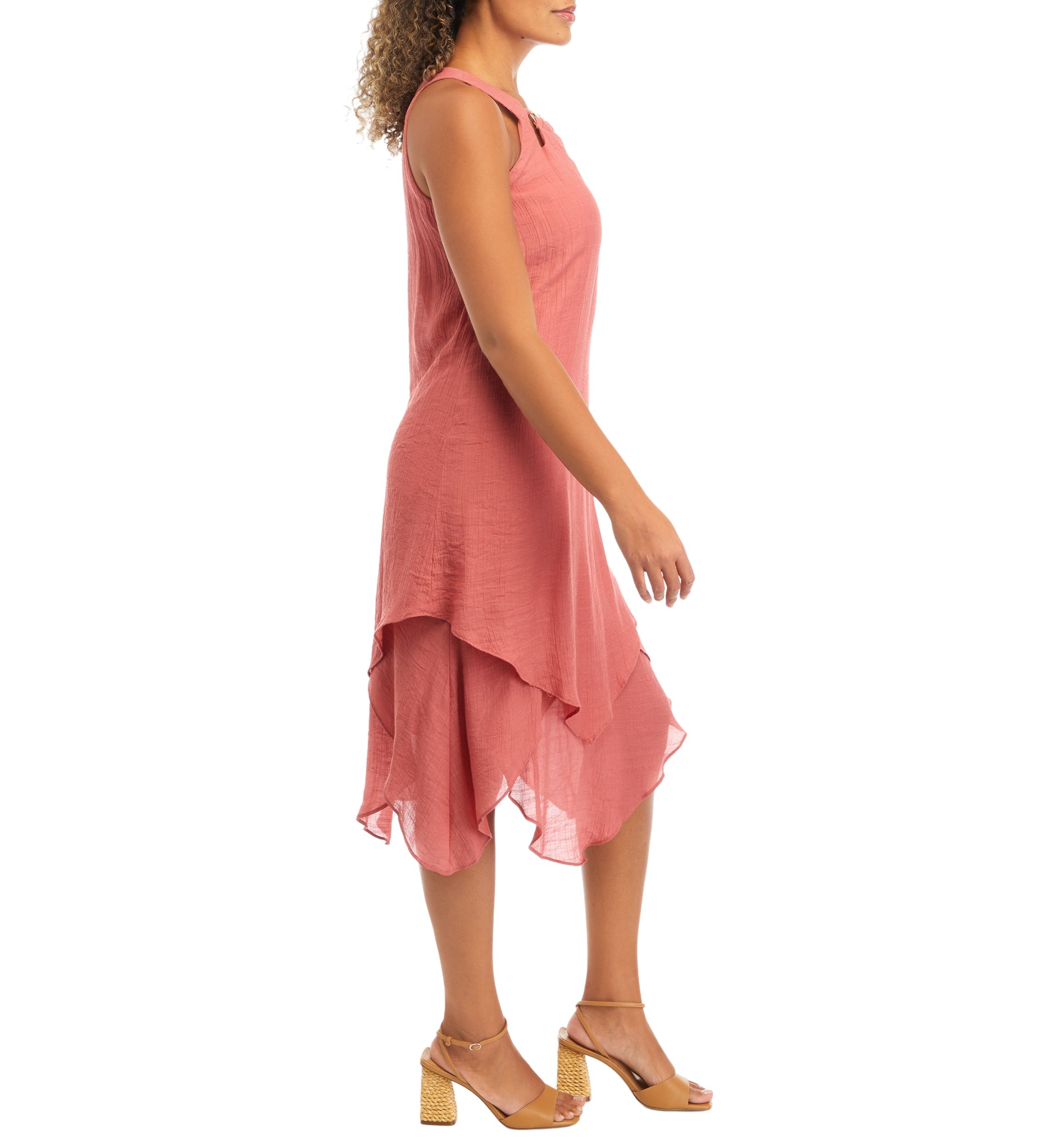 Womens Sleeveless Crew Neck Solid Gauze A-Line Dress