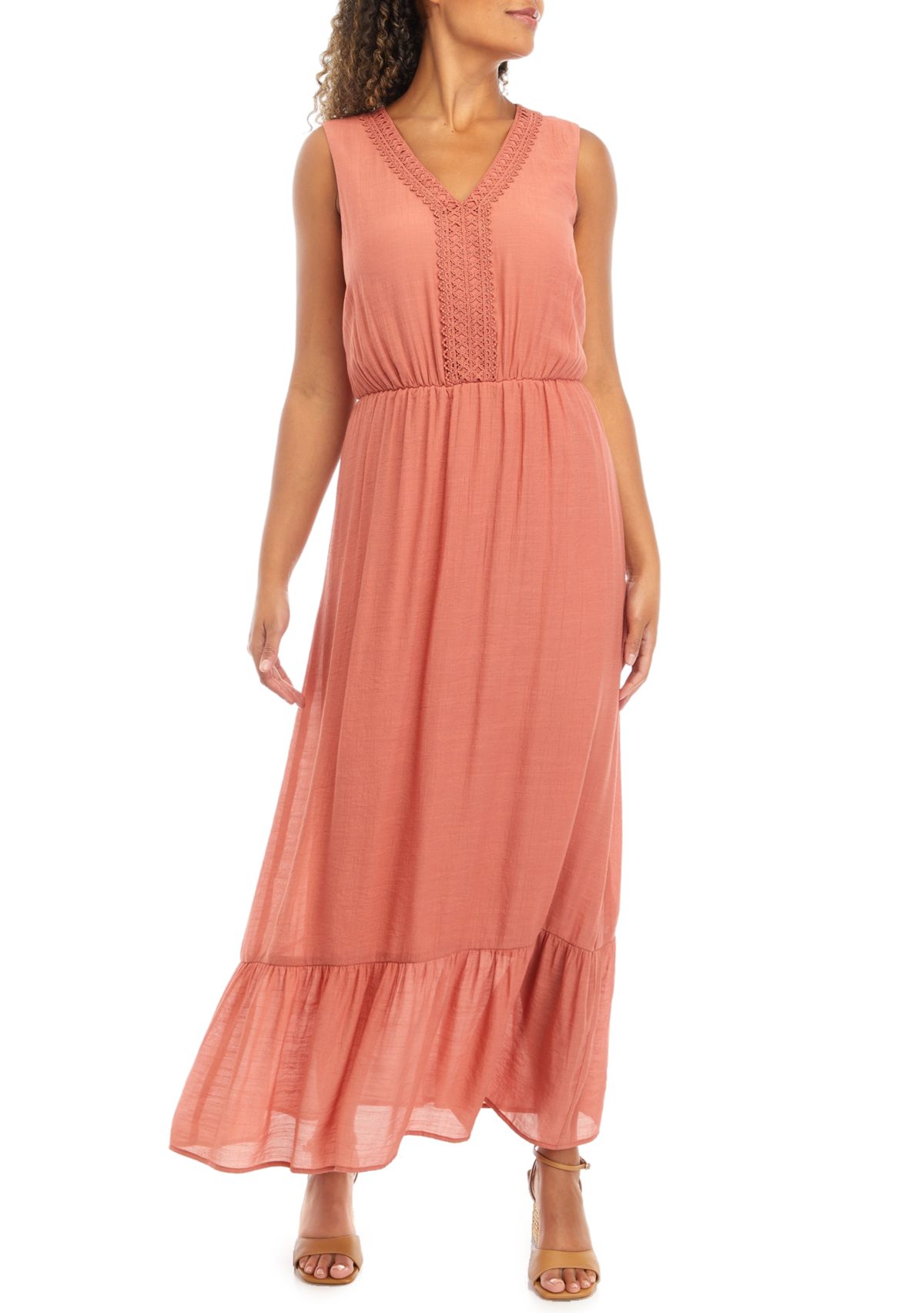 Womens Sleeveless V-Neck Solid Gauze Maxi Dress