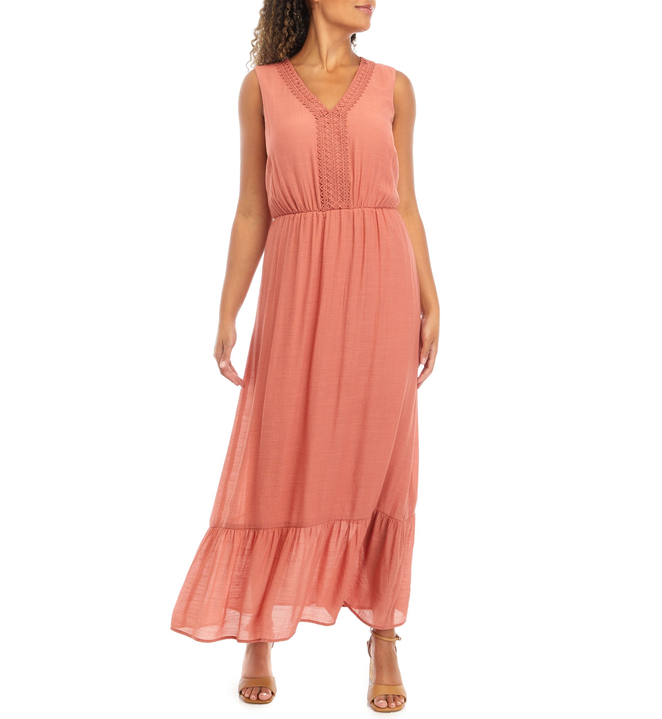 Womens Sleeveless V-Neck Solid Gauze Maxi Dress