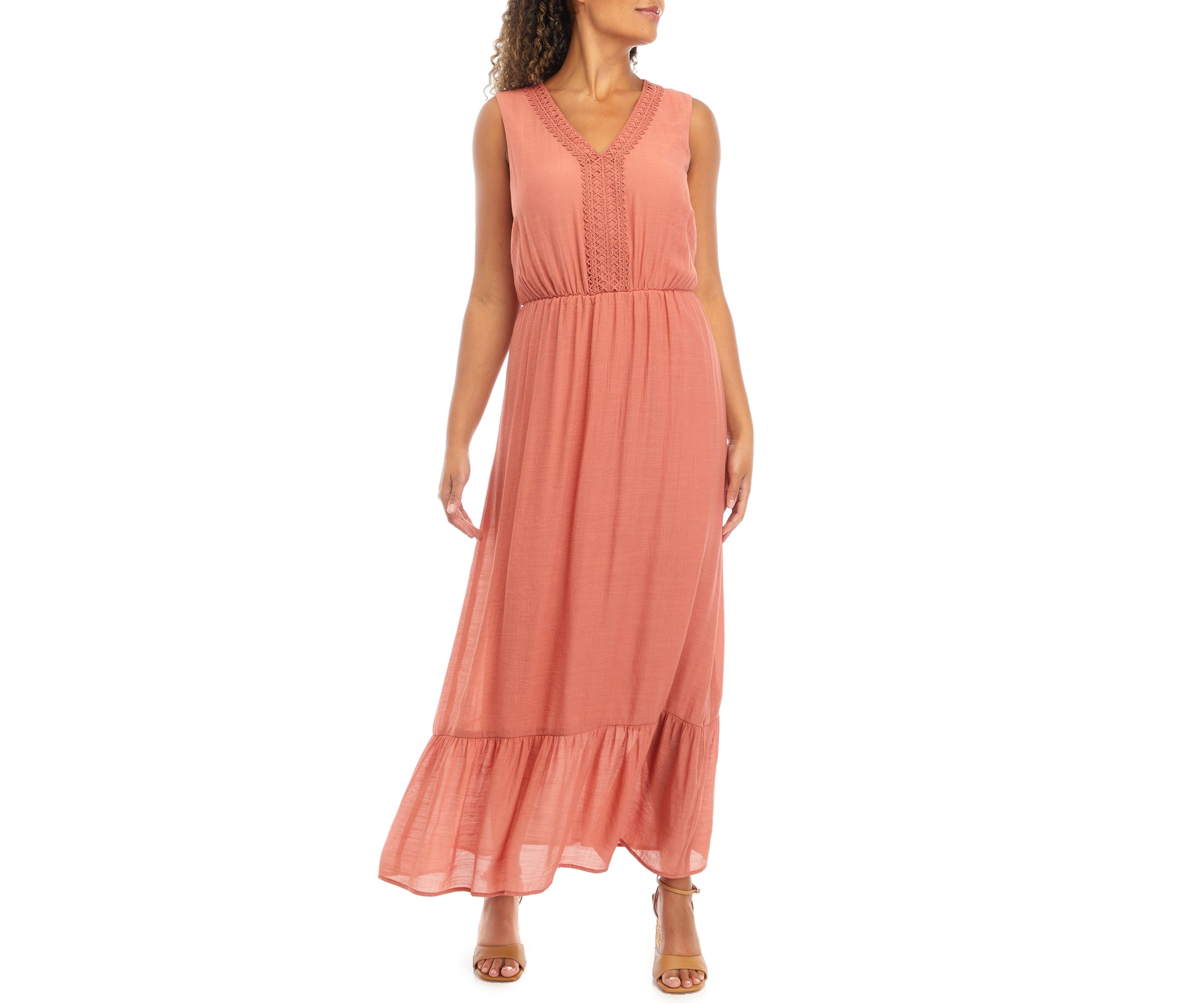 Womens Sleeveless V-Neck Solid Gauze Maxi Dress