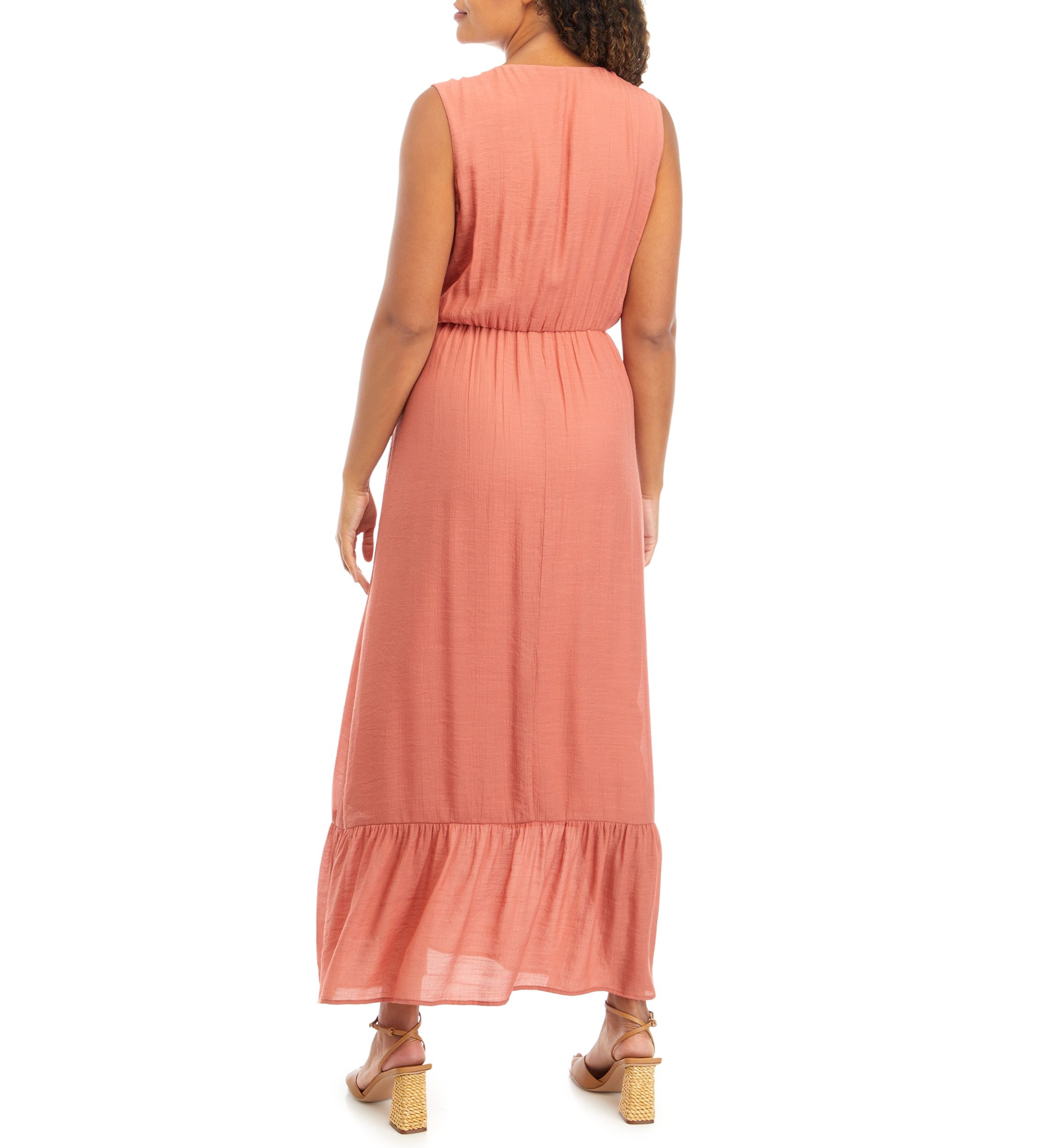 Womens Sleeveless V-Neck Solid Gauze Maxi Dress