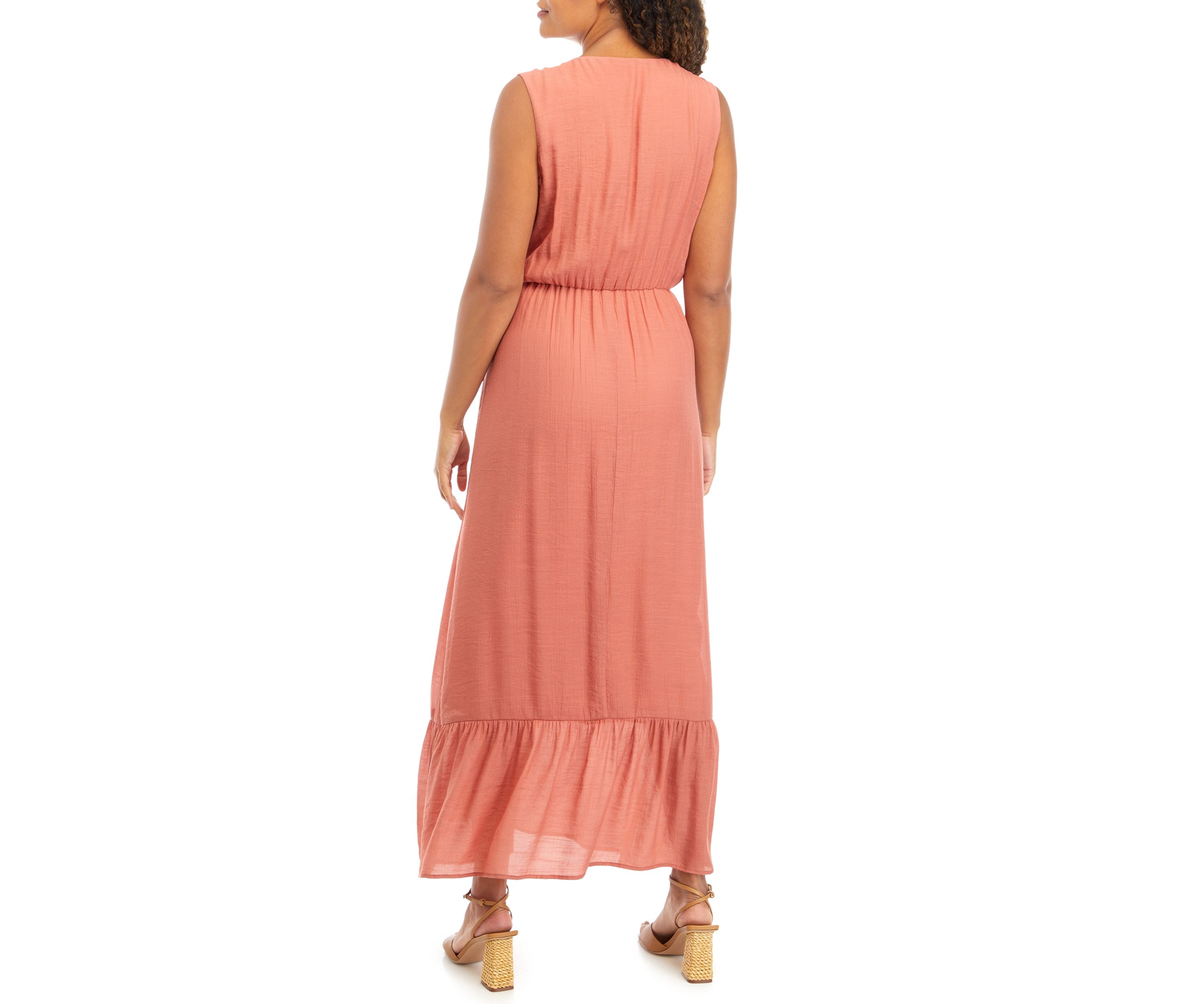Womens Sleeveless V-Neck Solid Gauze Maxi Dress