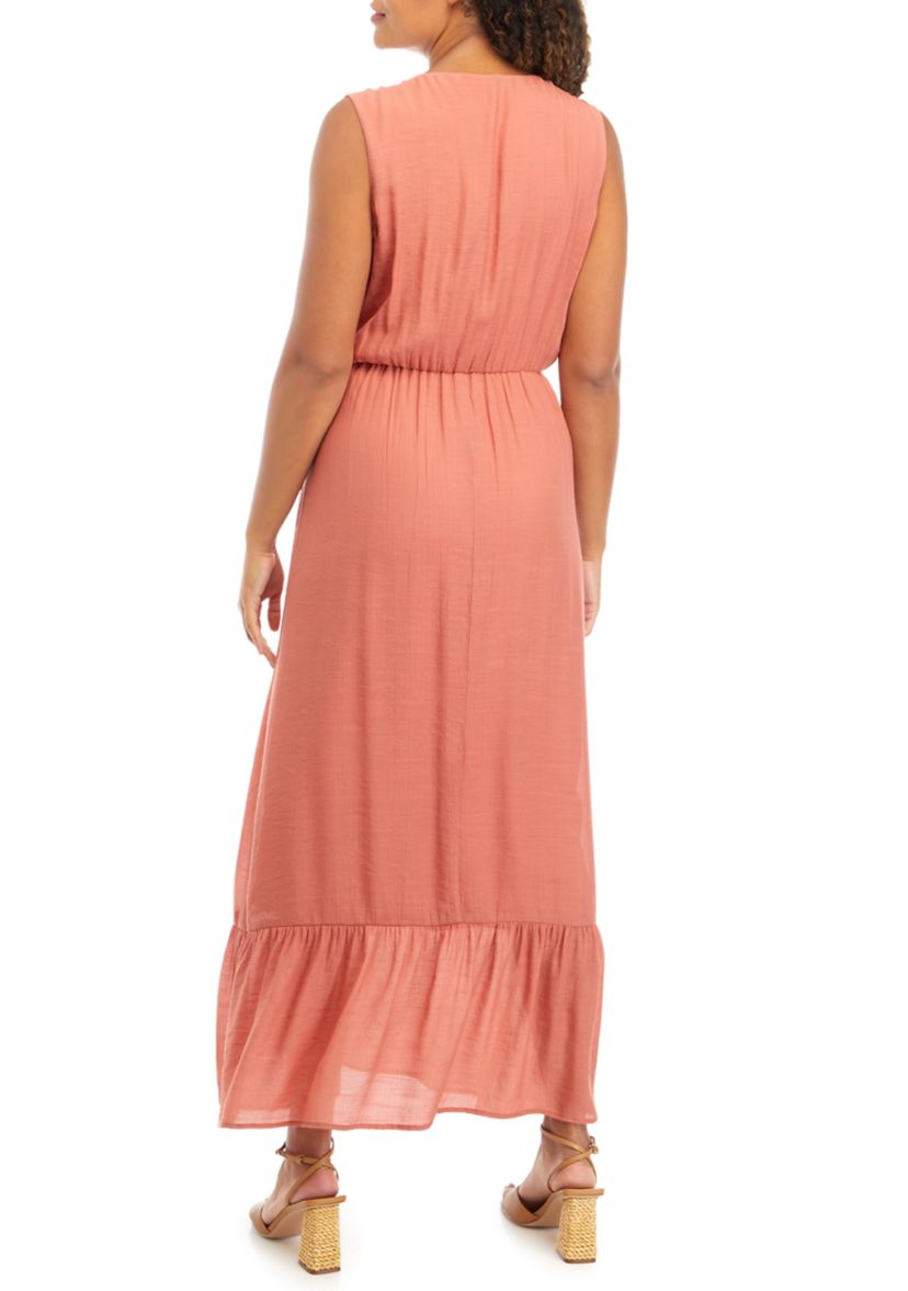 Womens Sleeveless V-Neck Solid Gauze Maxi Dress