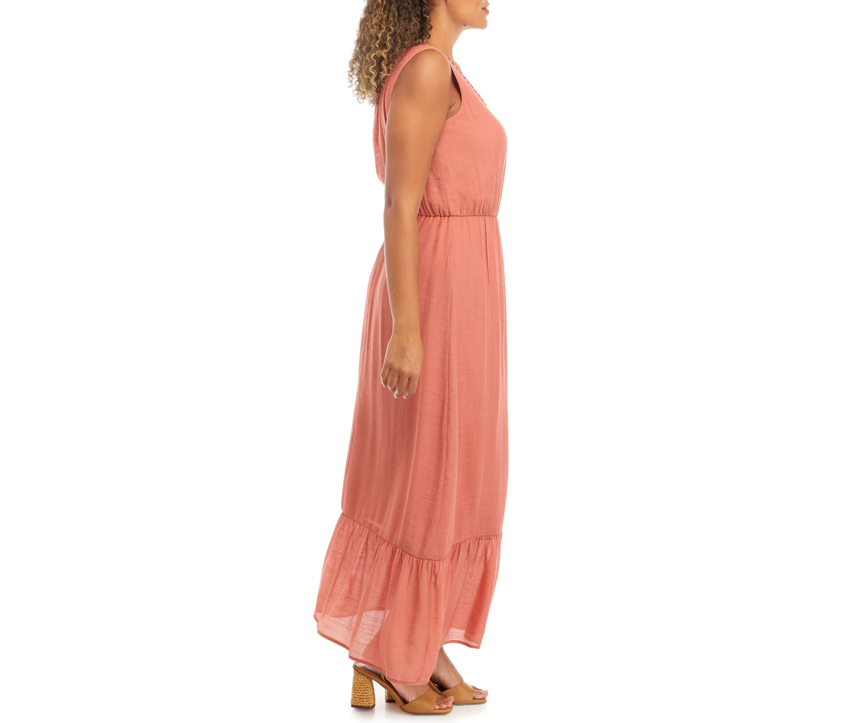 Womens Sleeveless V-Neck Solid Gauze Maxi Dress