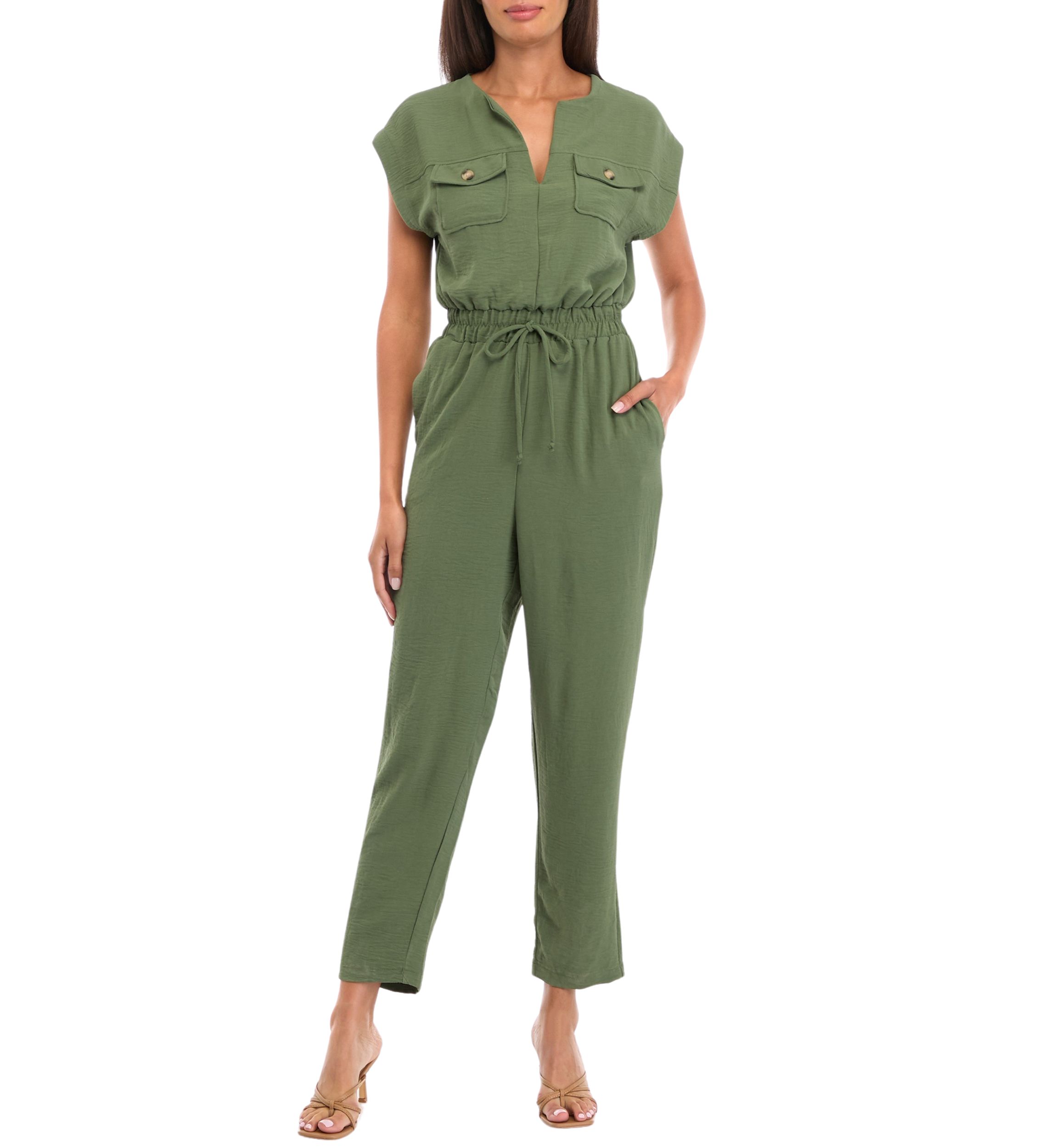 Womens V-Neck Solid Airflow Jumpsuit