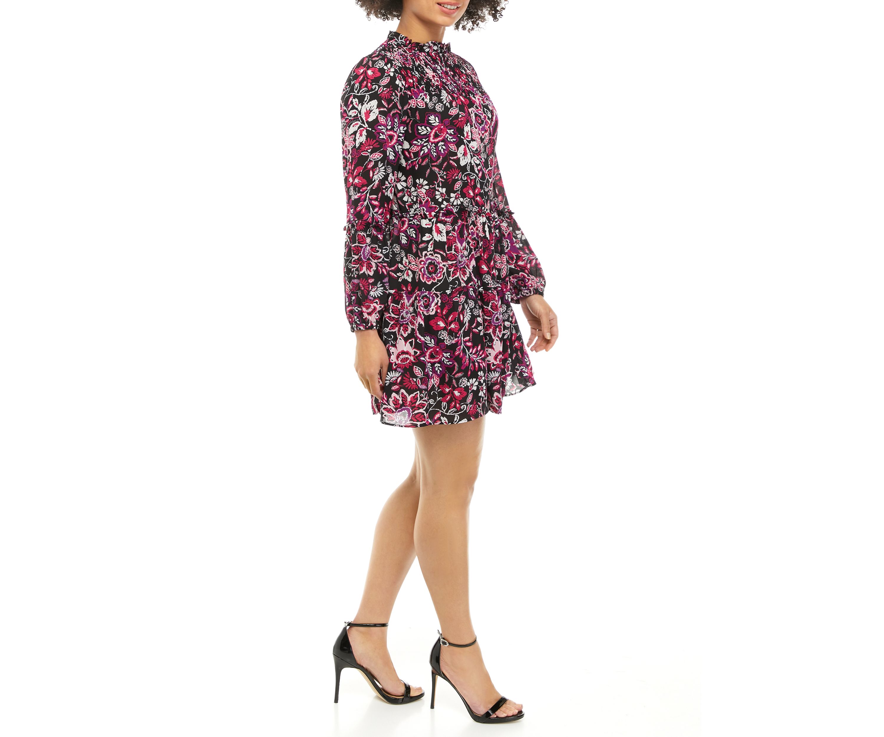 Blouson Sleeve Mock Neck Floral Dress