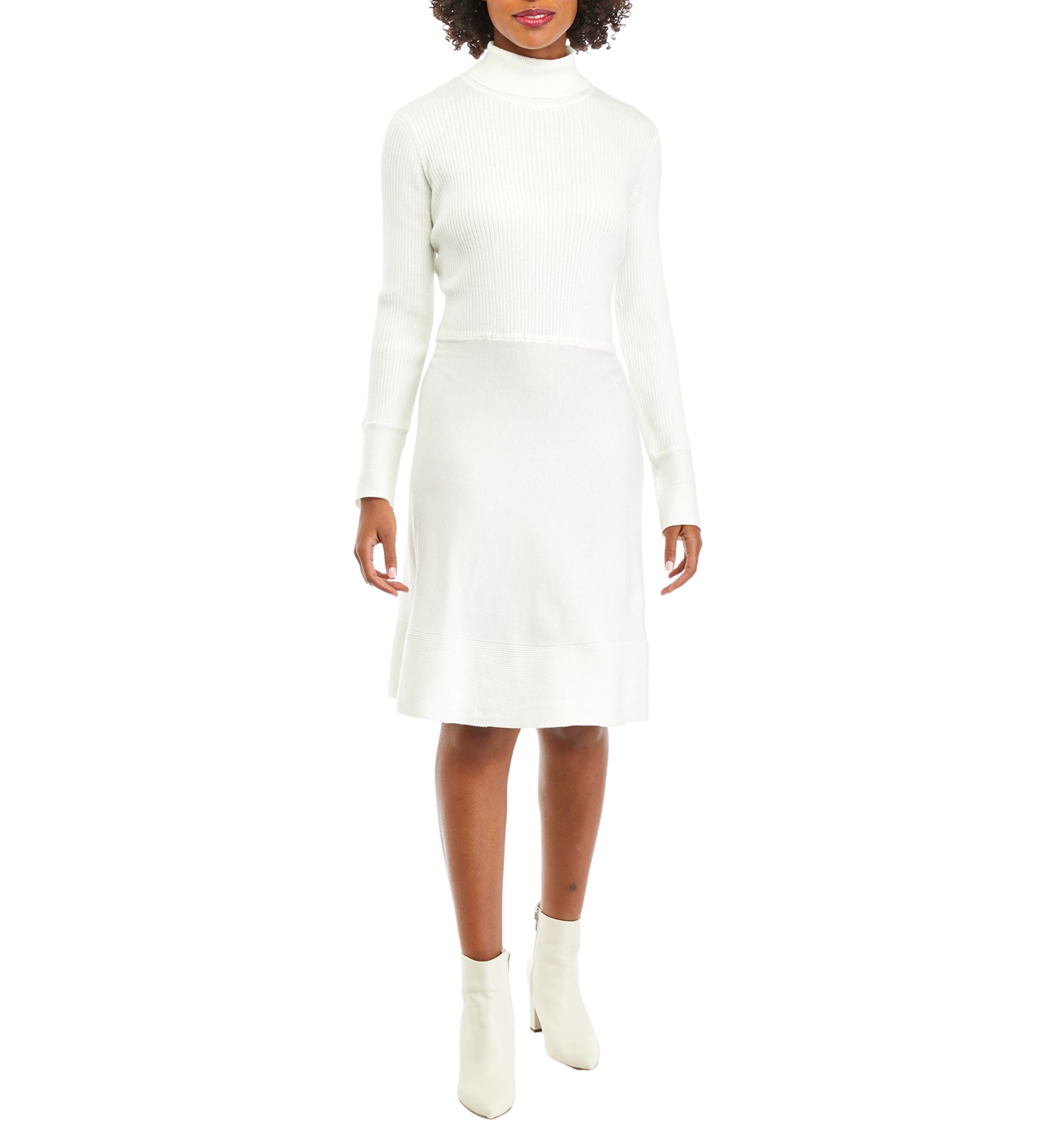 Womens Long Sleeve Turtleneck Solid Fit and Flare Sweater Dress
