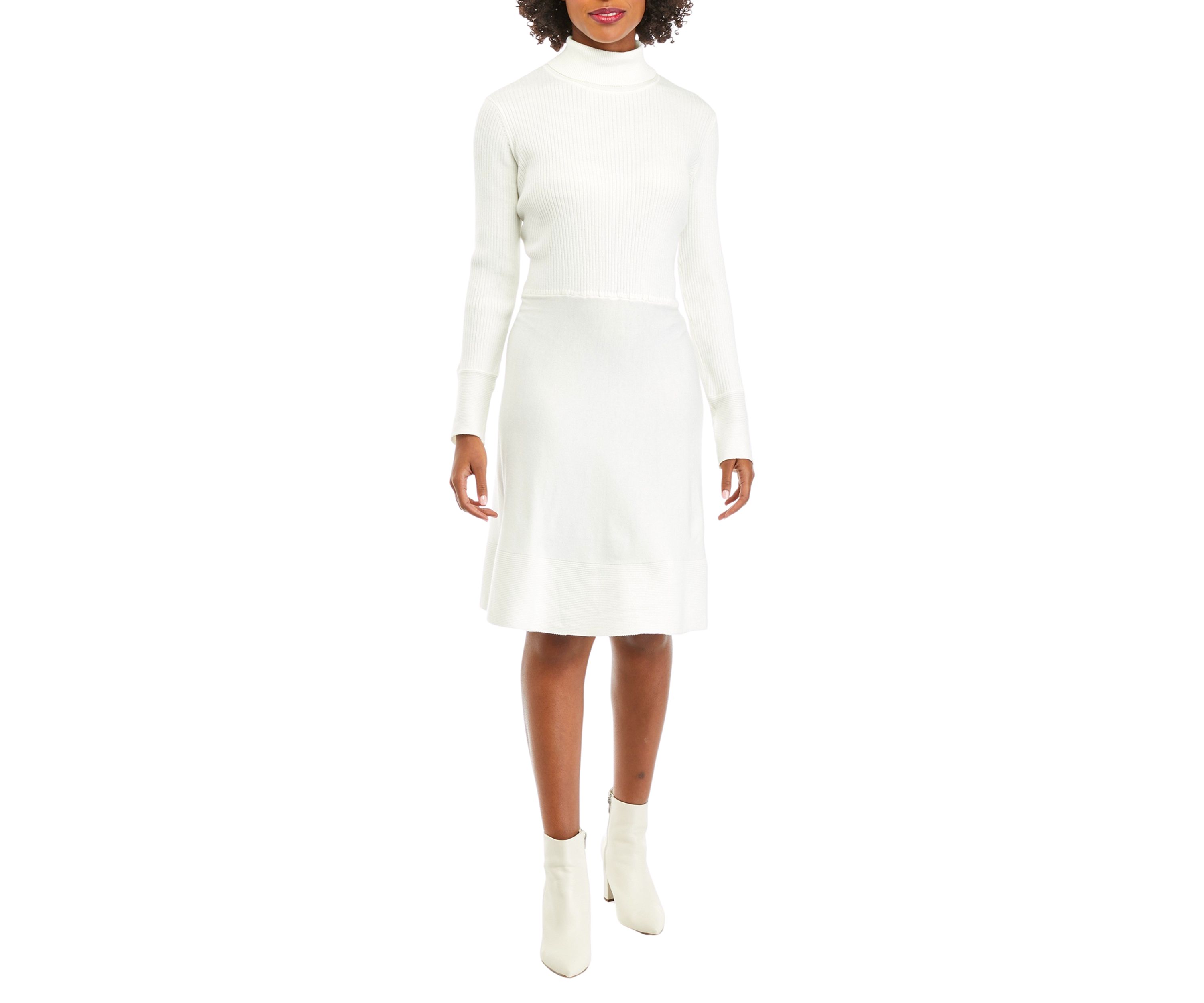 Womens Long Sleeve Turtleneck Solid Fit and Flare Sweater Dress