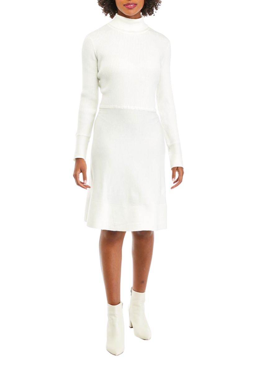 Womens Long Sleeve Turtleneck Solid Fit and Flare Sweater Dress