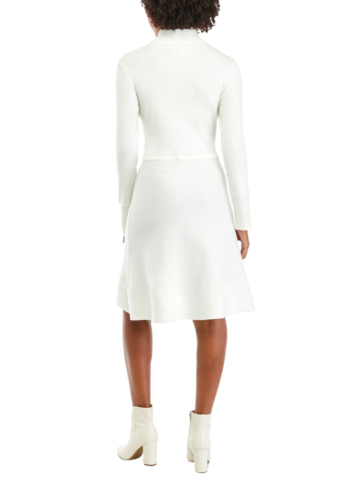 Womens Long Sleeve Turtleneck Solid Fit and Flare Sweater Dress