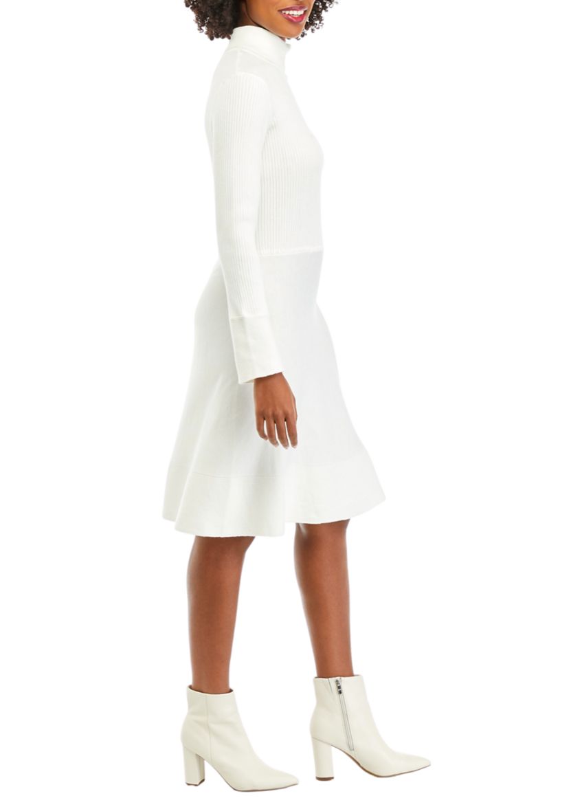 Womens Long Sleeve Turtleneck Solid Fit and Flare Sweater Dress