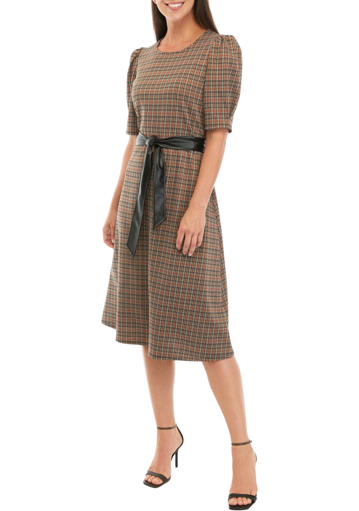 Womens Short Puff Sleeve Plaid Ponte Fit and Flare Dress with Faux Leather Belt