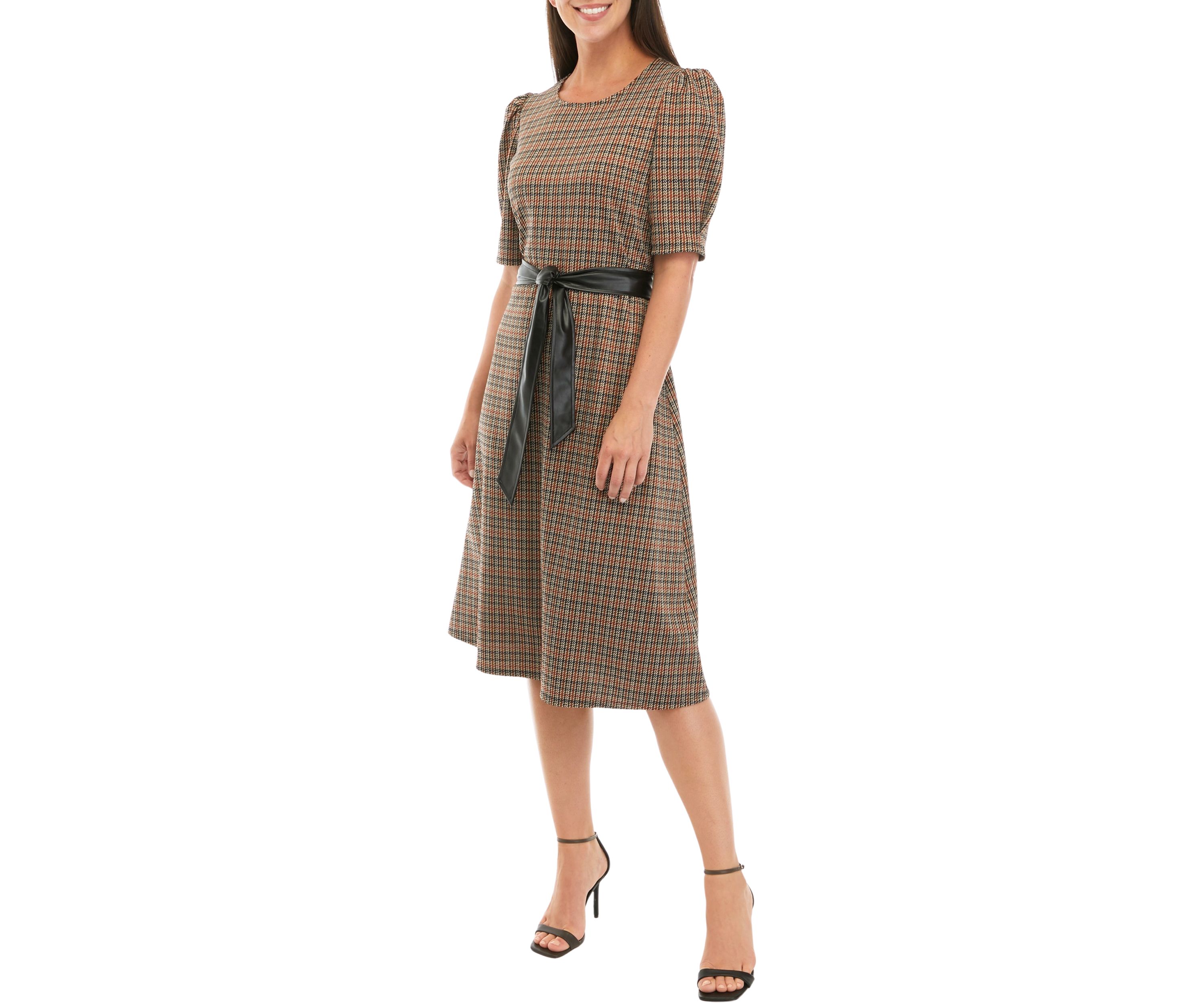 Womens Short Puff Sleeve Plaid Ponte Fit and Flare Dress with Faux Leather Belt
