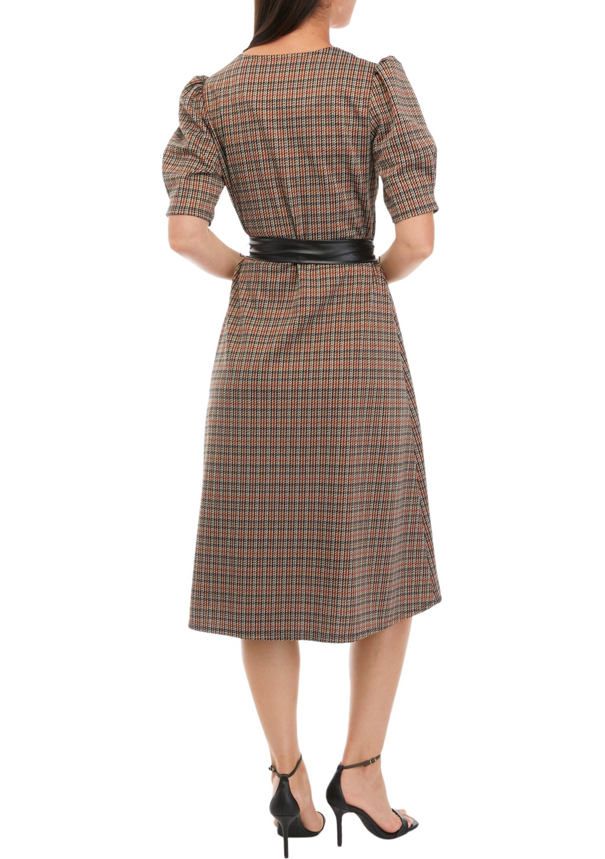 Womens Short Puff Sleeve Plaid Ponte Fit and Flare Dress with Faux Leather Belt