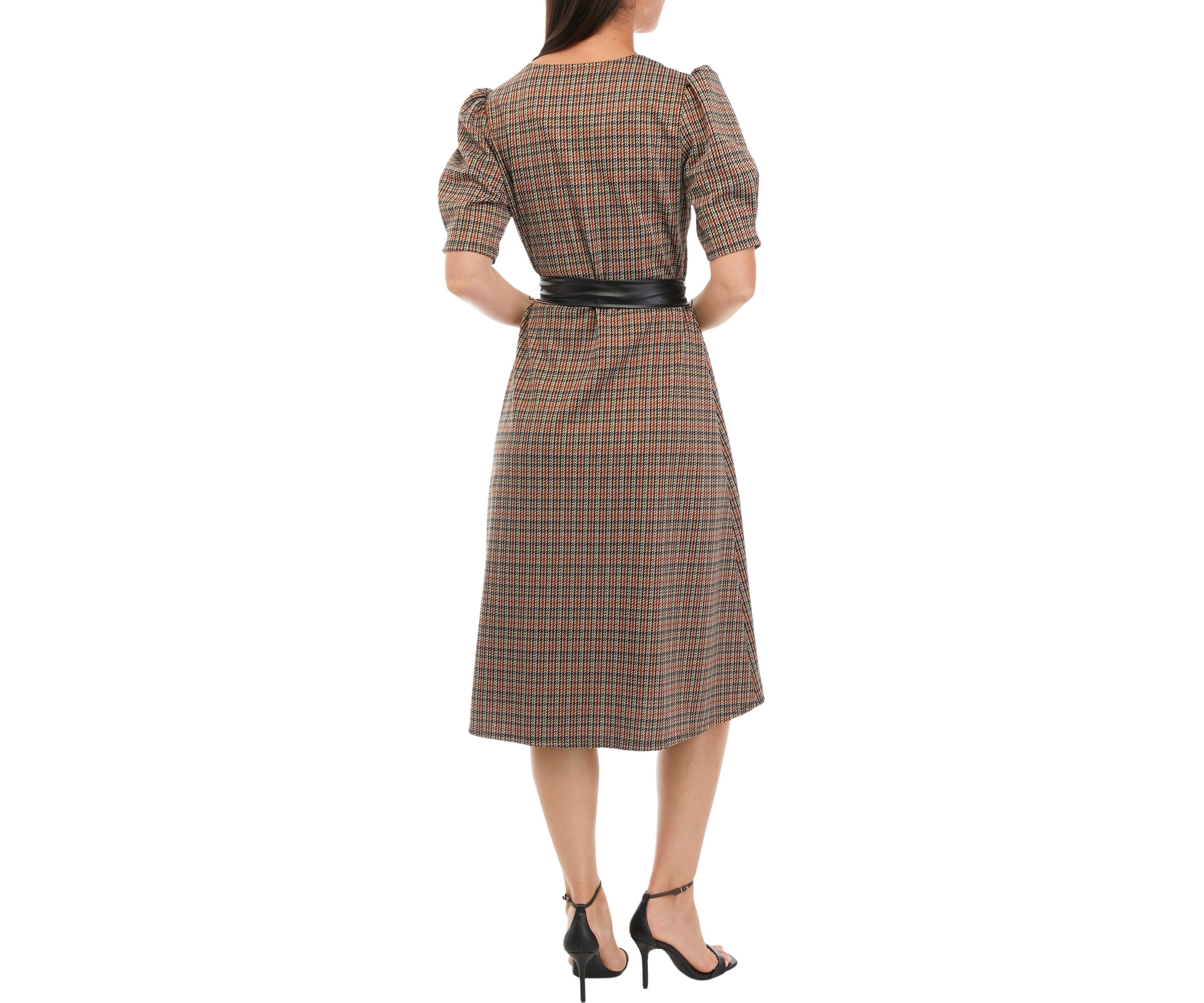 Womens Short Puff Sleeve Plaid Ponte Fit and Flare Dress with Faux Leather Belt