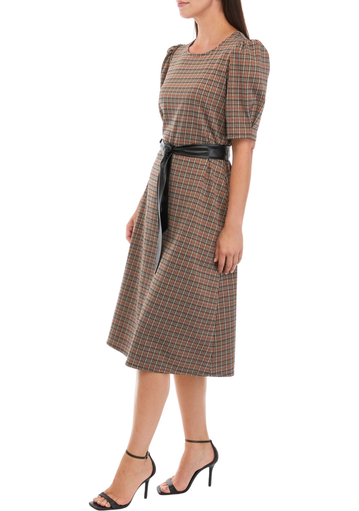 Womens Short Puff Sleeve Plaid Ponte Fit and Flare Dress with Faux Leather Belt