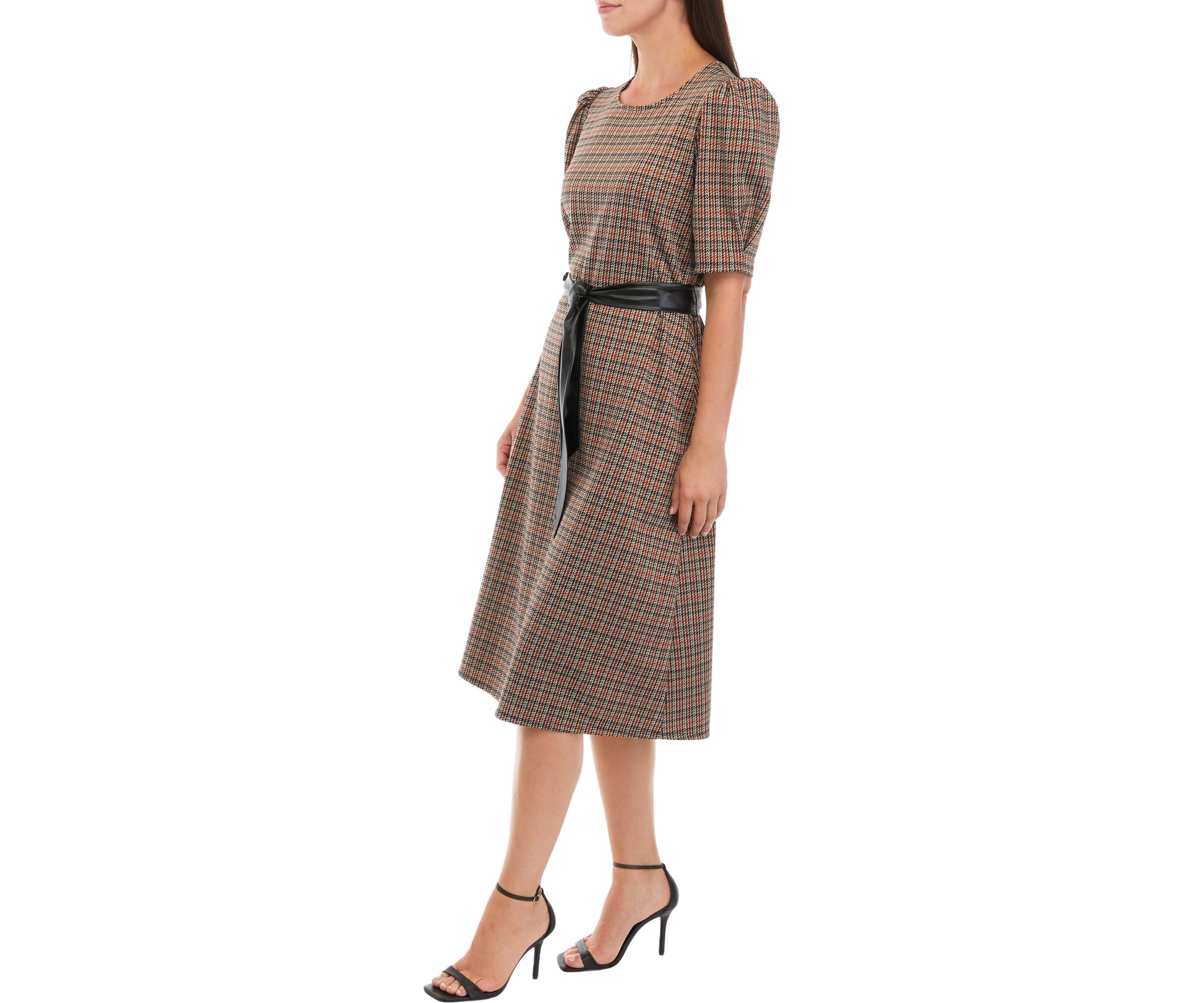 Womens Short Puff Sleeve Plaid Ponte Fit and Flare Dress with Faux Leather Belt