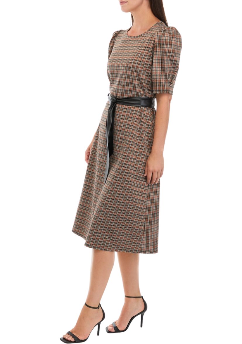 Womens Short Puff Sleeve Plaid Ponte Fit and Flare Dress with Faux Leather Belt