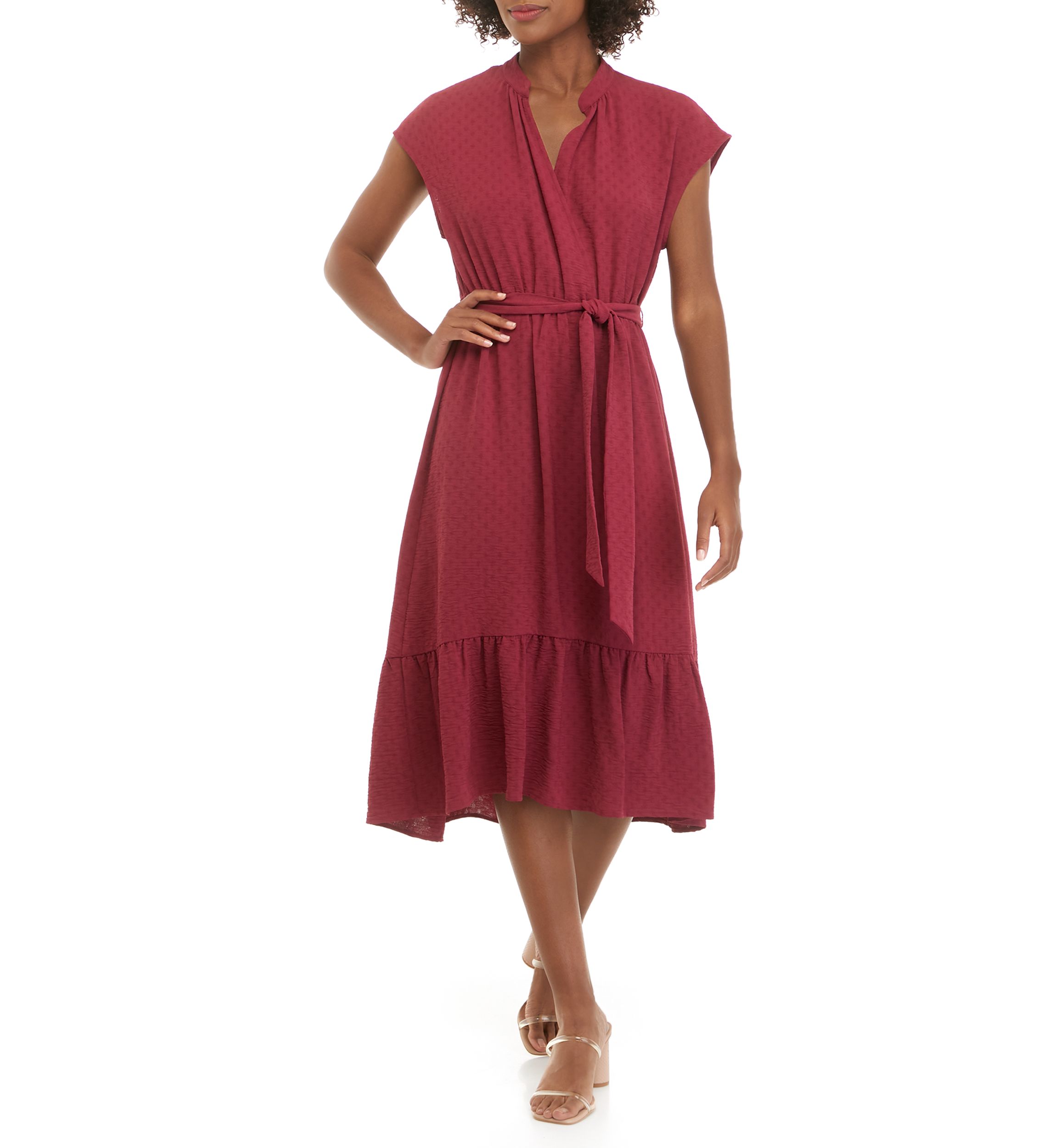 Womens Cap Sleeve Split Back Tie Waist Dress