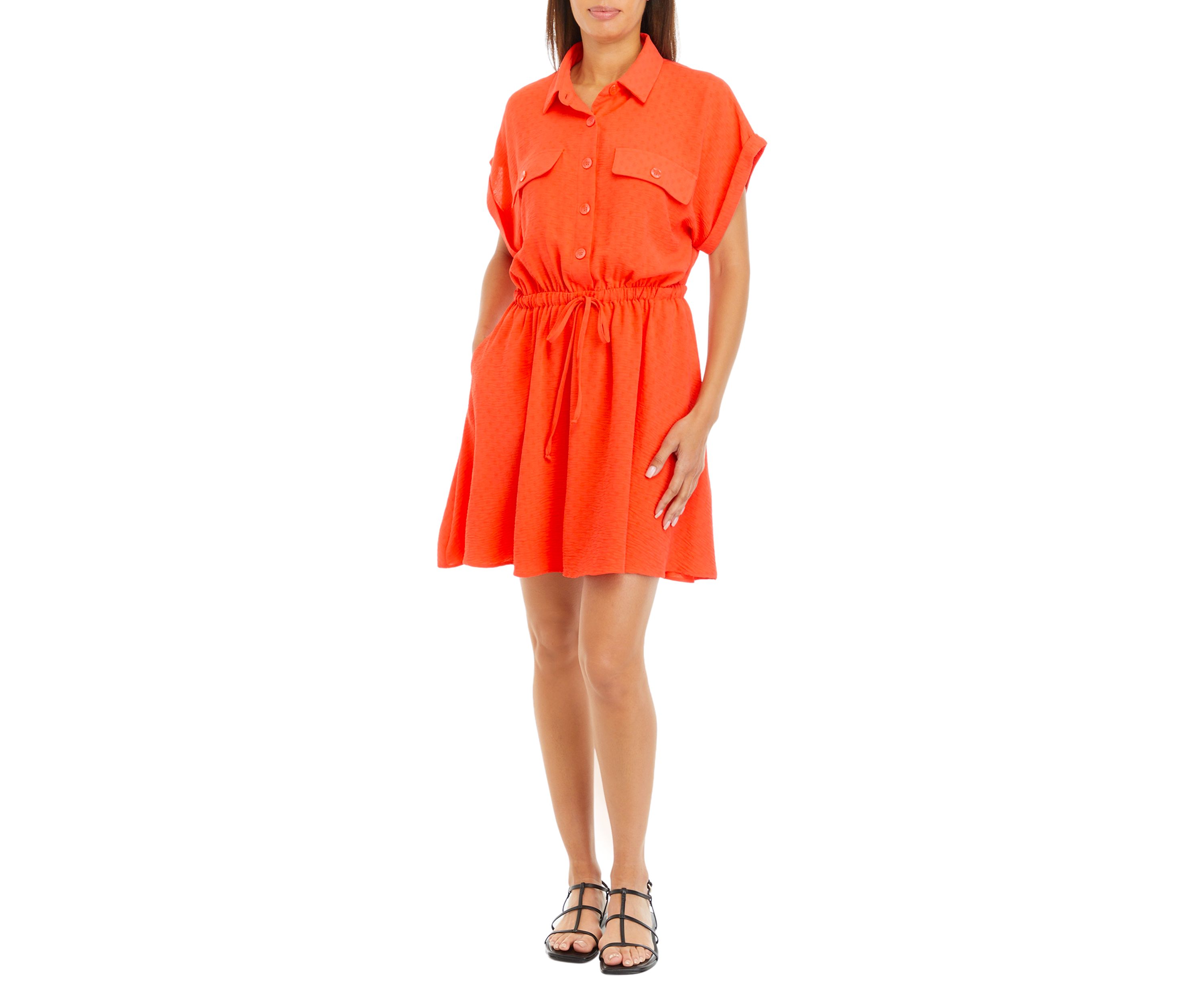 Womens Short Sleeve Collar V-Neck Button Down Shirtdress