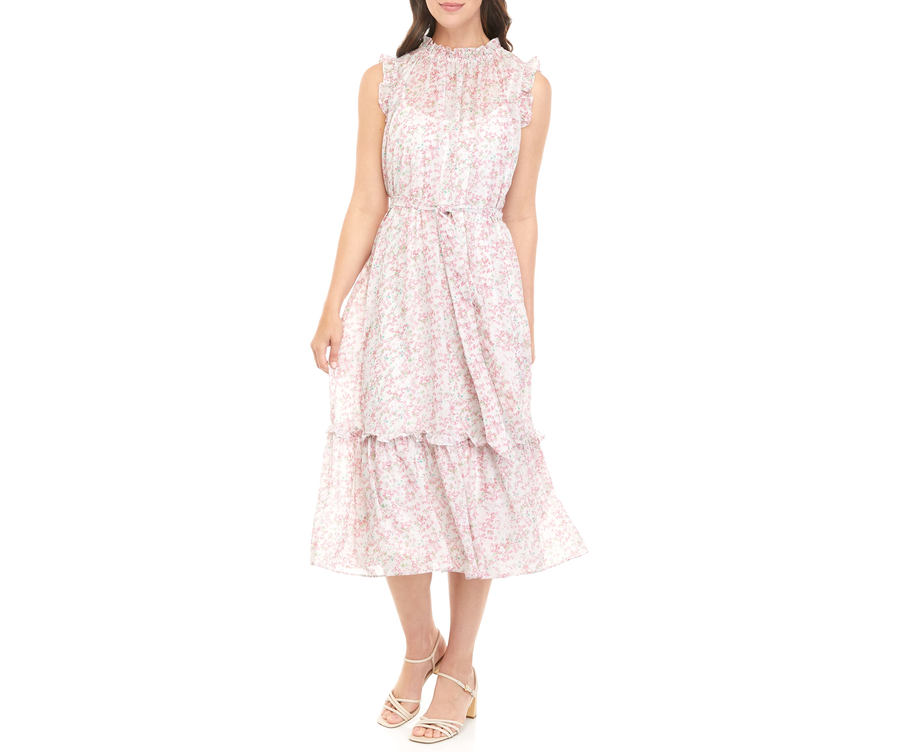 Womens Sleeveless Ruffled Midi Dress with Self Sash 