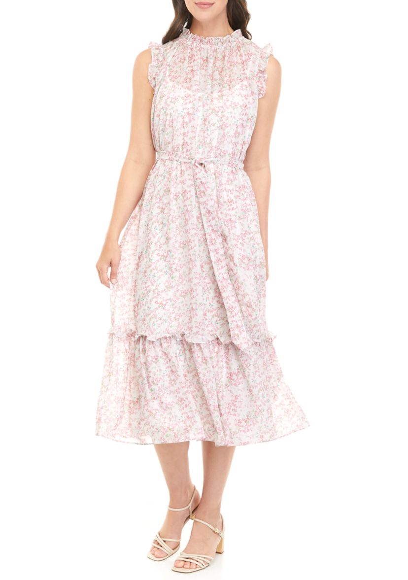 Womens Sleeveless Ruffled Midi Dress with Self Sash 