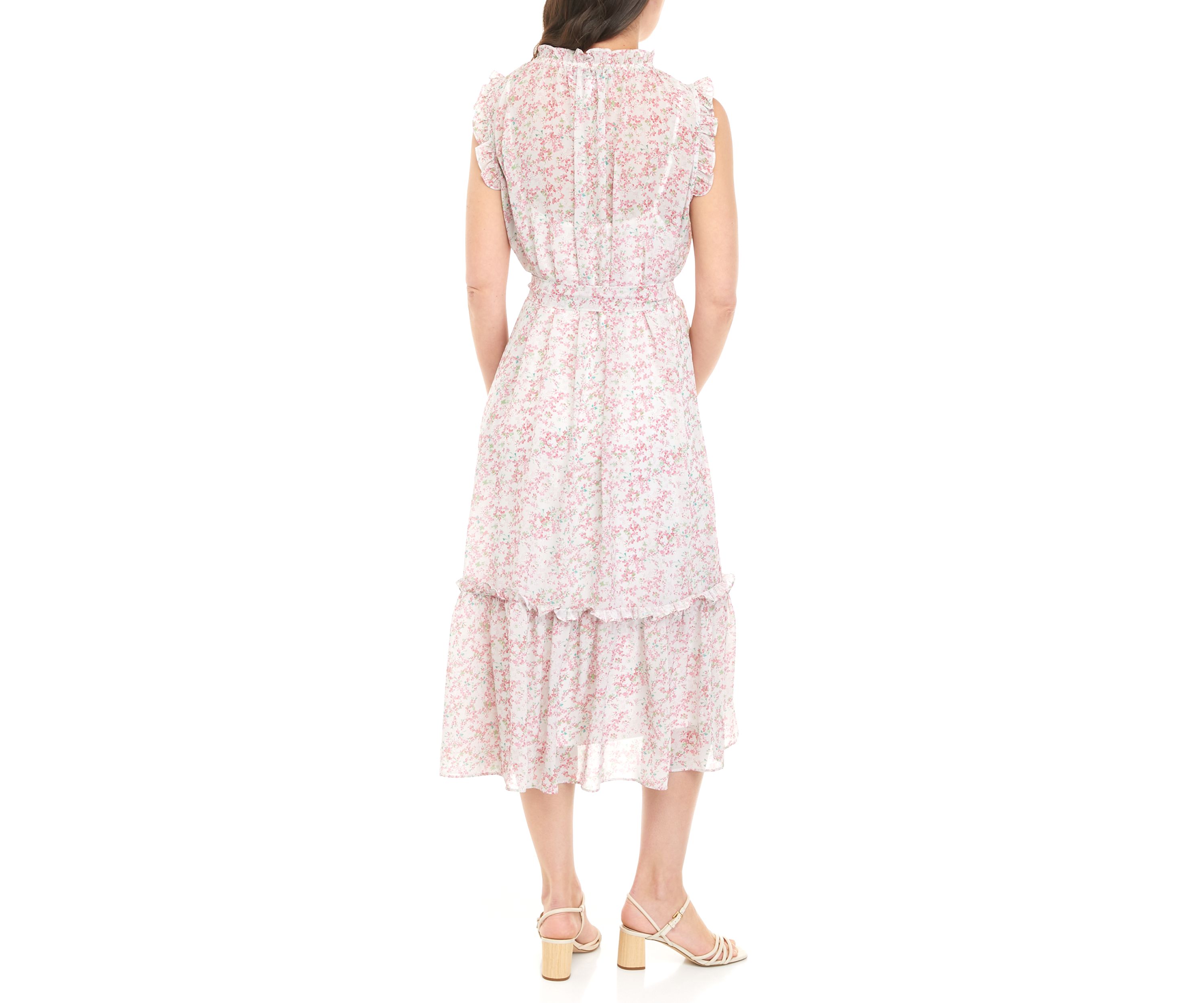 Womens Sleeveless Ruffled Midi Dress with Self Sash 