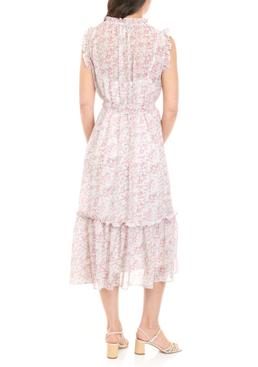 Womens Sleeveless Ruffled Midi Dress with Self Sash 