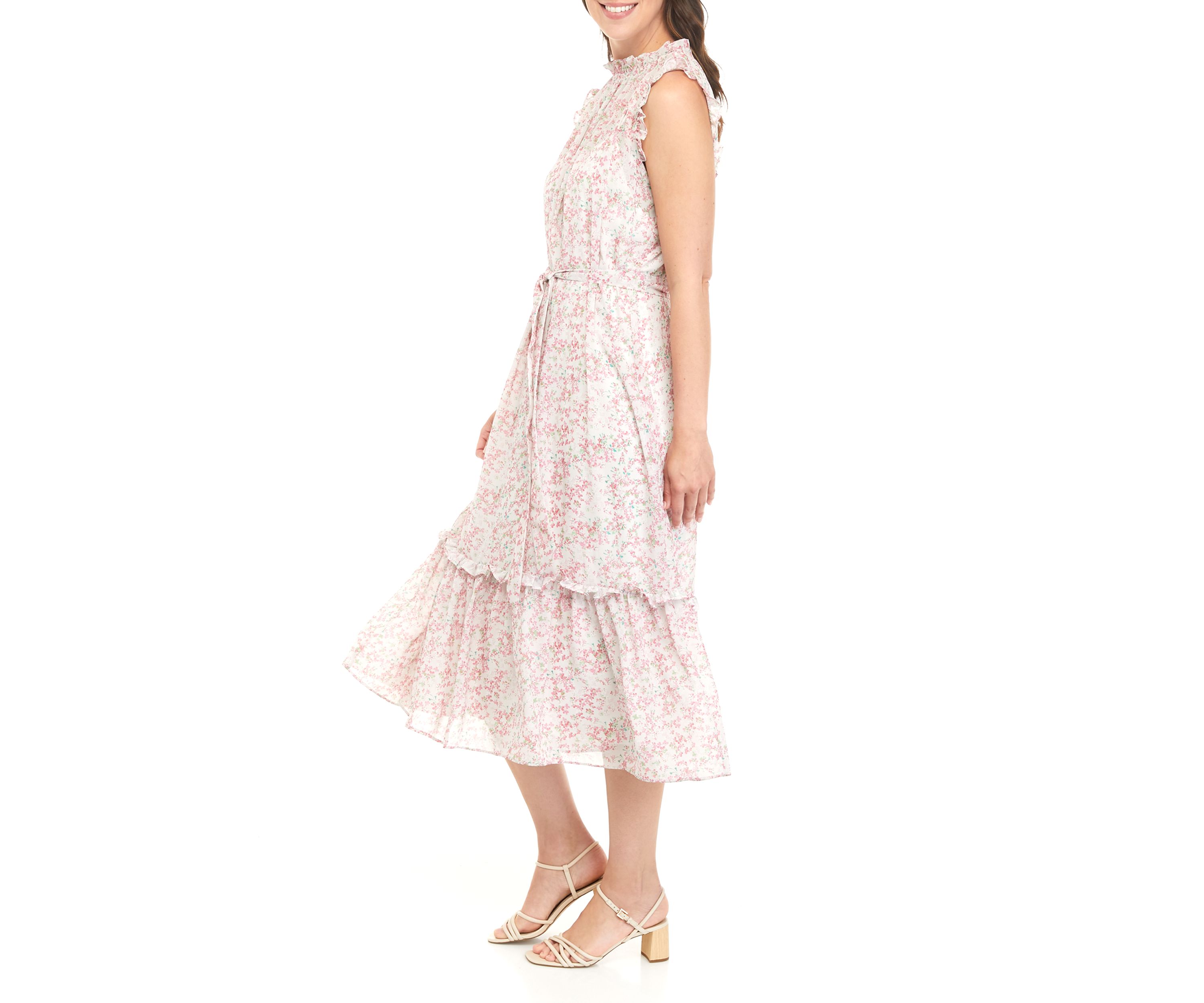 Womens Sleeveless Ruffled Midi Dress with Self Sash 