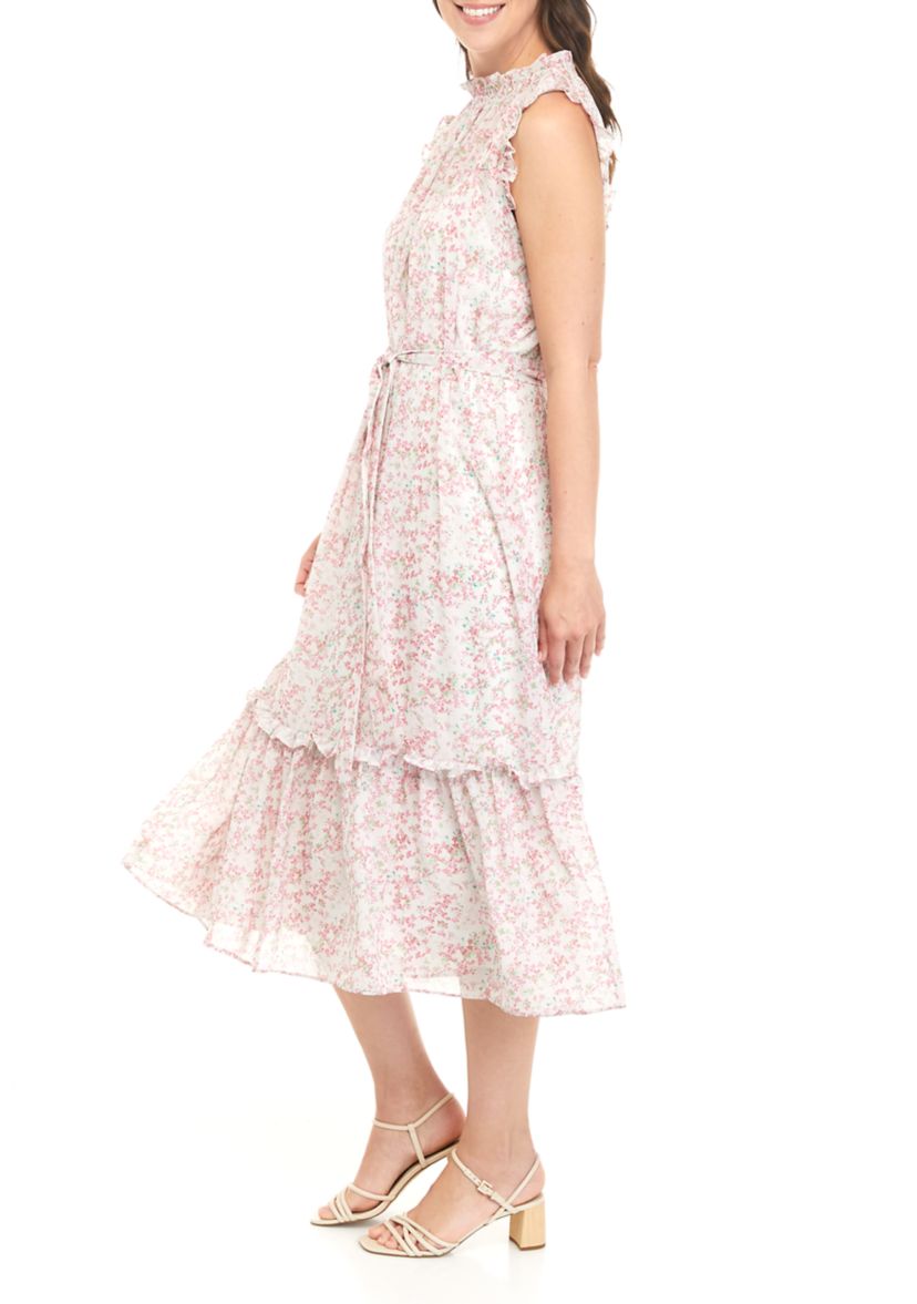 Womens Sleeveless Ruffled Midi Dress with Self Sash 