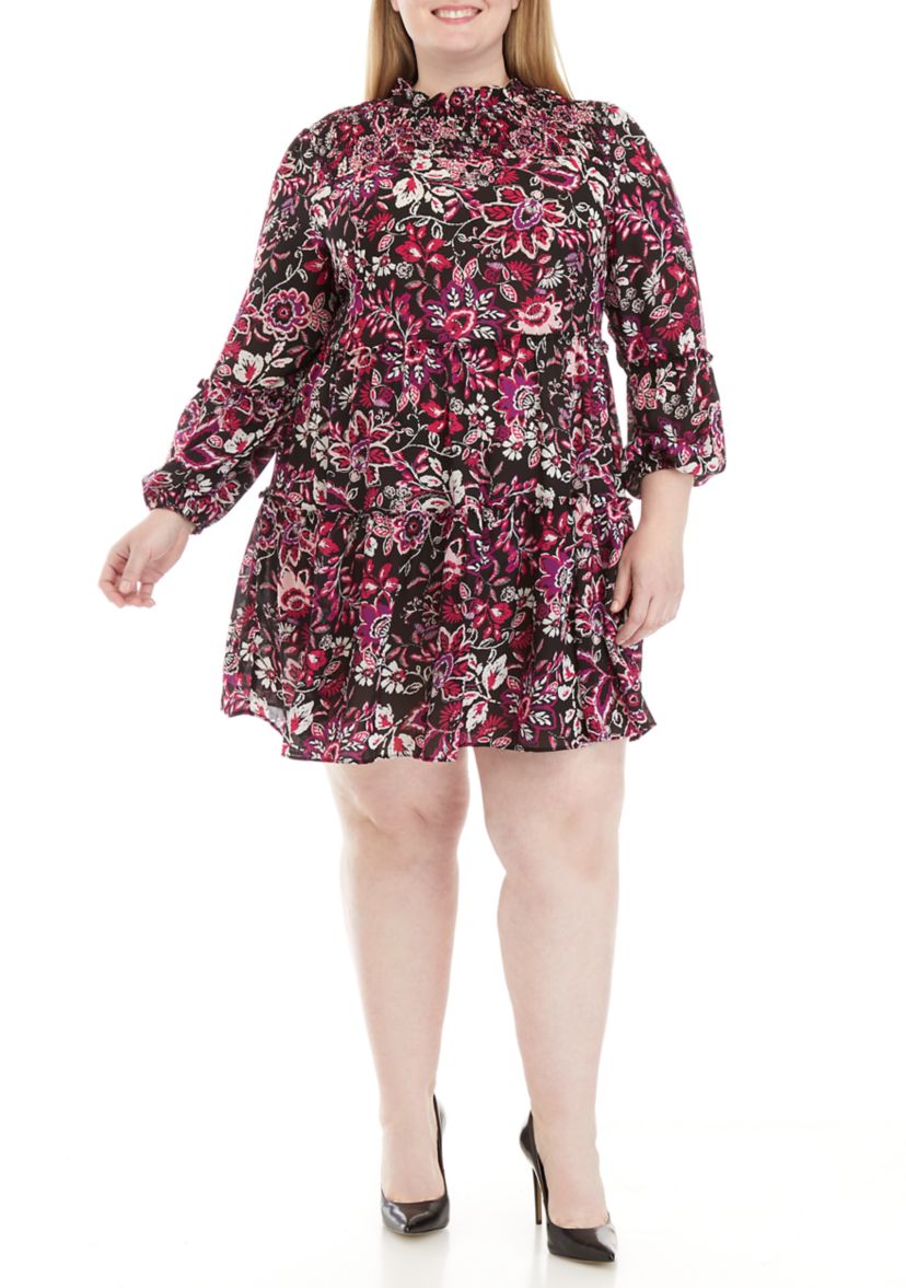 Plus Size Smocked Neck Paisley Floral Babydoll Dress					
