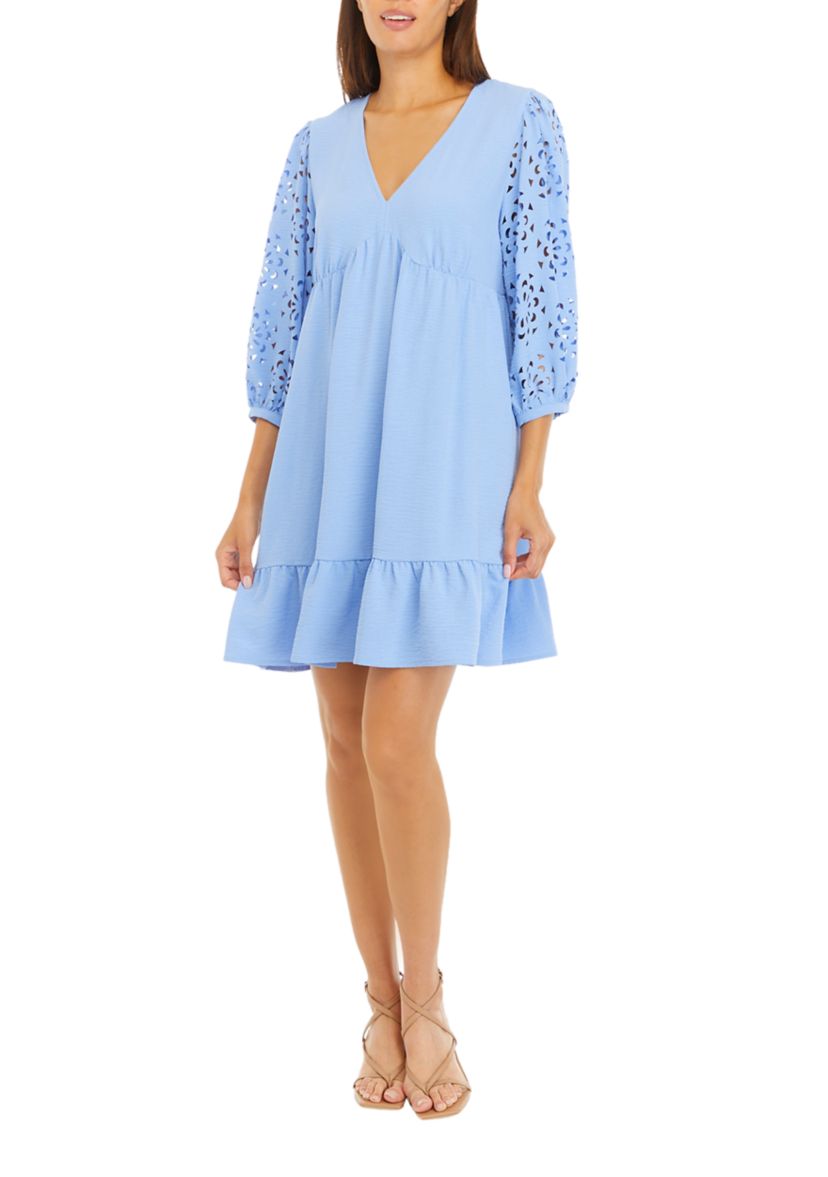 Womens 3/4 Eyelet Sleeve V-Neck Dress