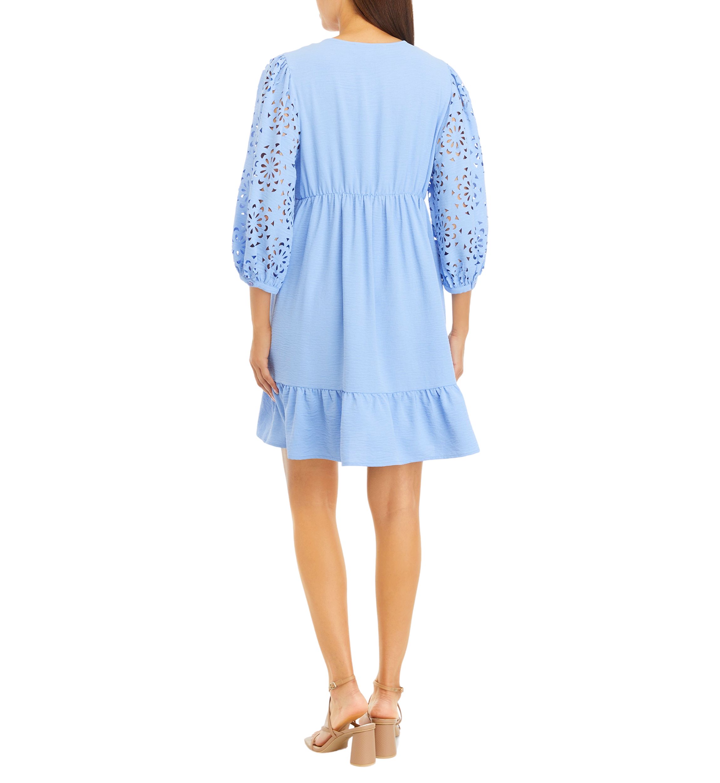 Womens 3/4 Eyelet Sleeve V-Neck Dress
