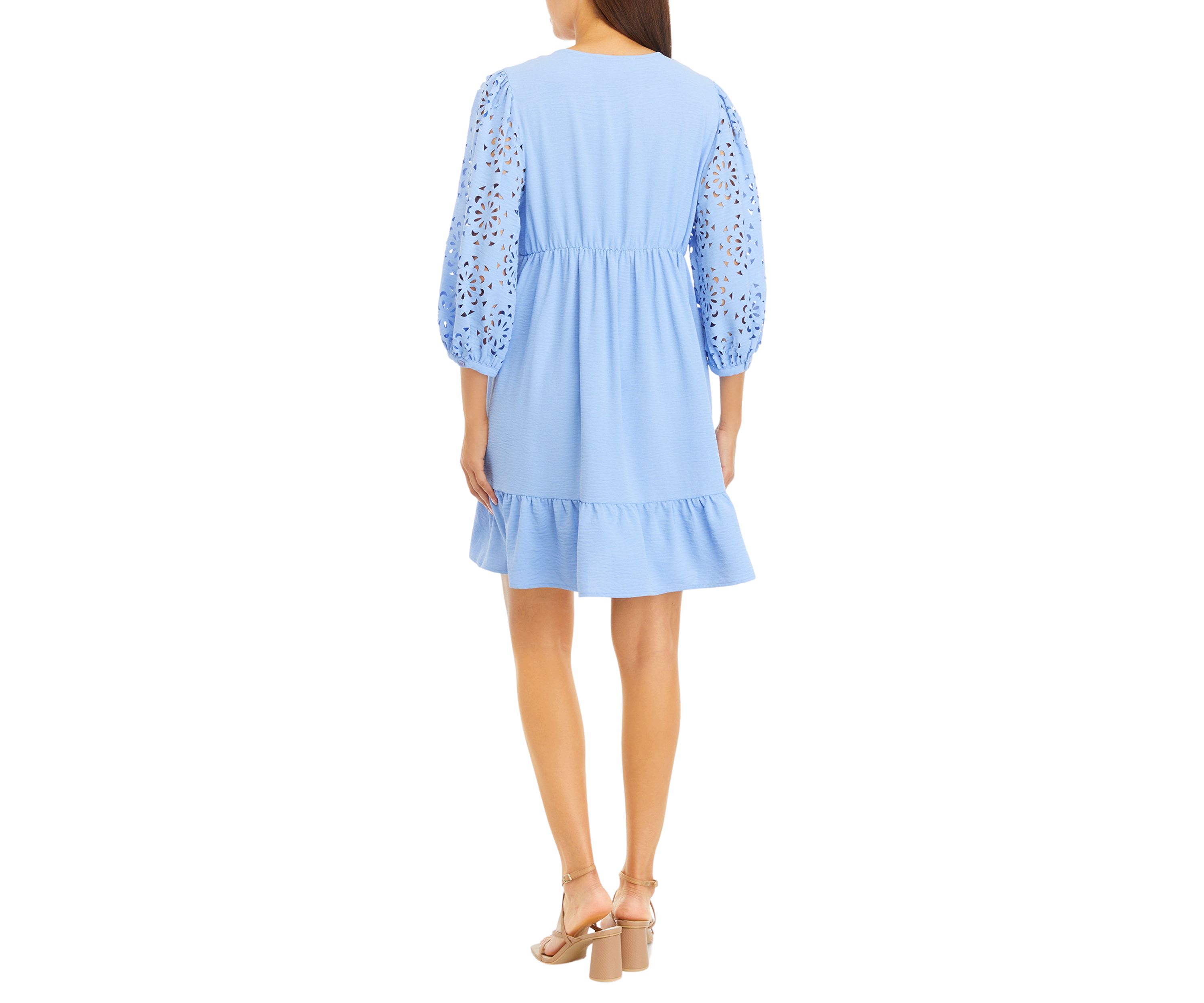 Womens 3/4 Eyelet Sleeve V-Neck Dress