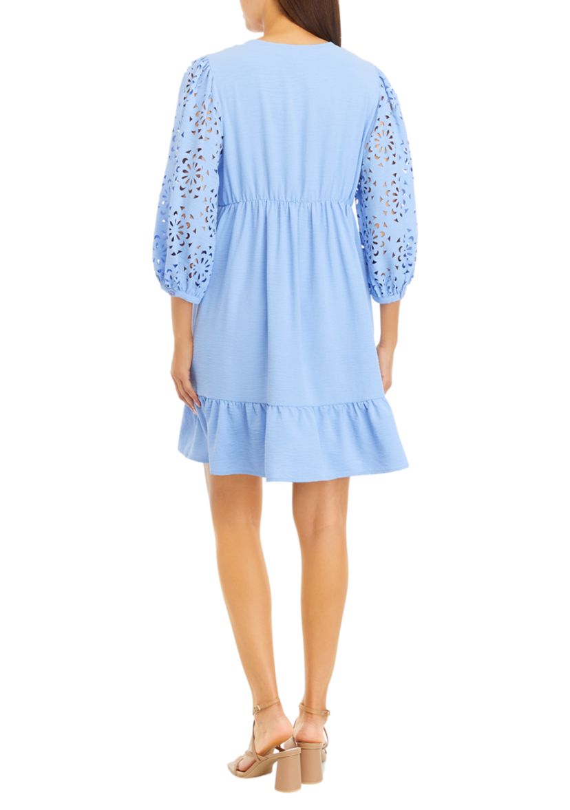 Womens 3/4 Eyelet Sleeve V-Neck Dress
