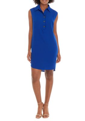Emma & Michelle Women's Sleeveless Collared Button Down A-Line Dress, Navy Blue, Small