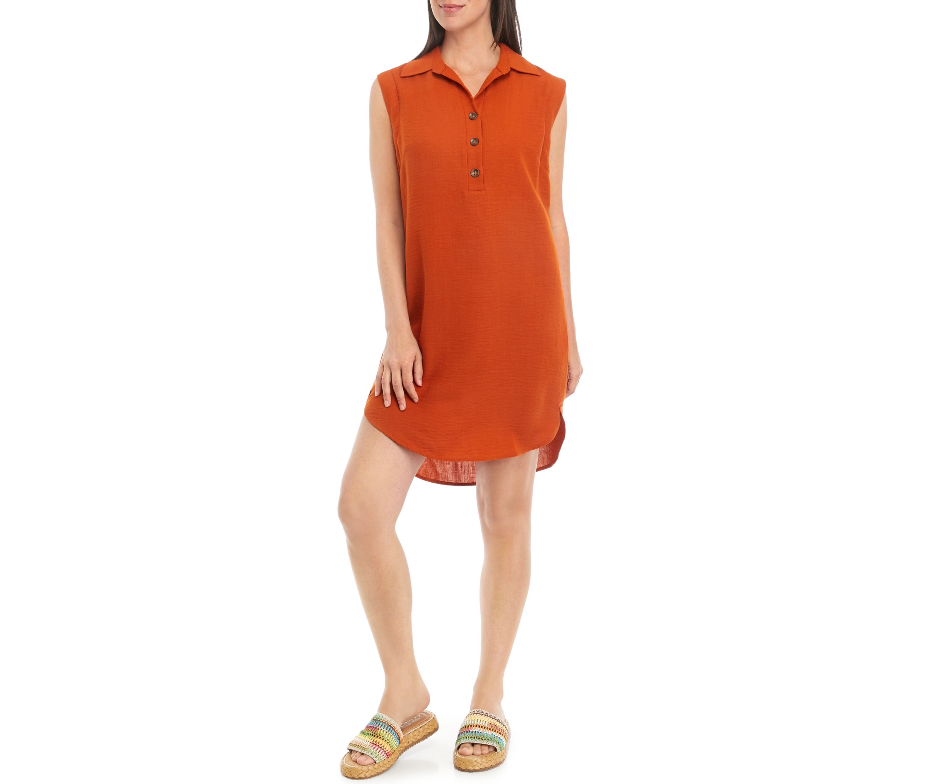 Womens Sleeveless Collared Button Down A-Line Dress