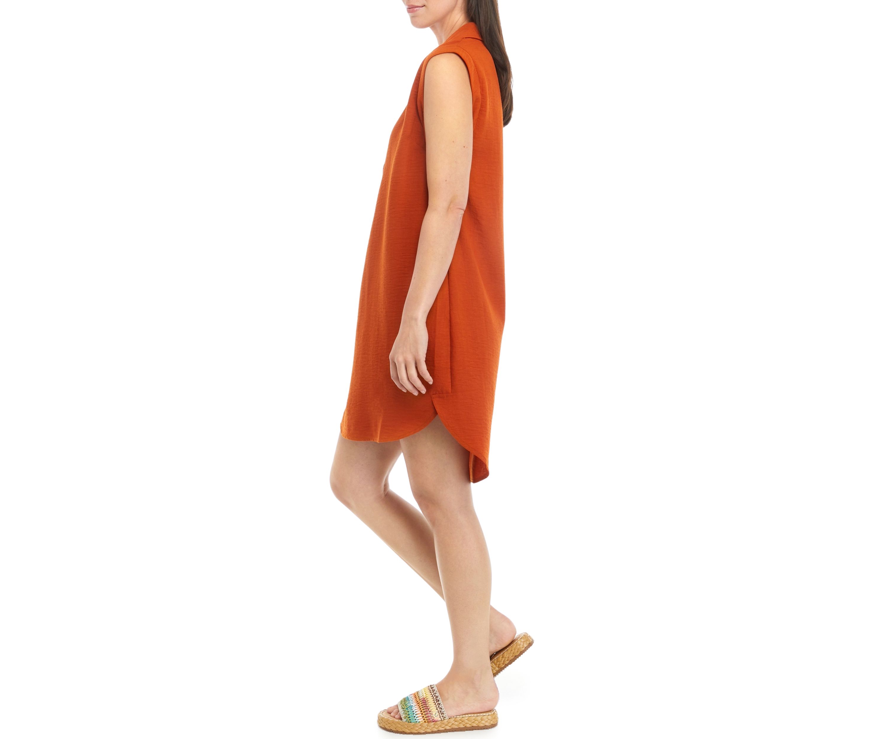 Womens Sleeveless Collared Button Down A-Line Dress