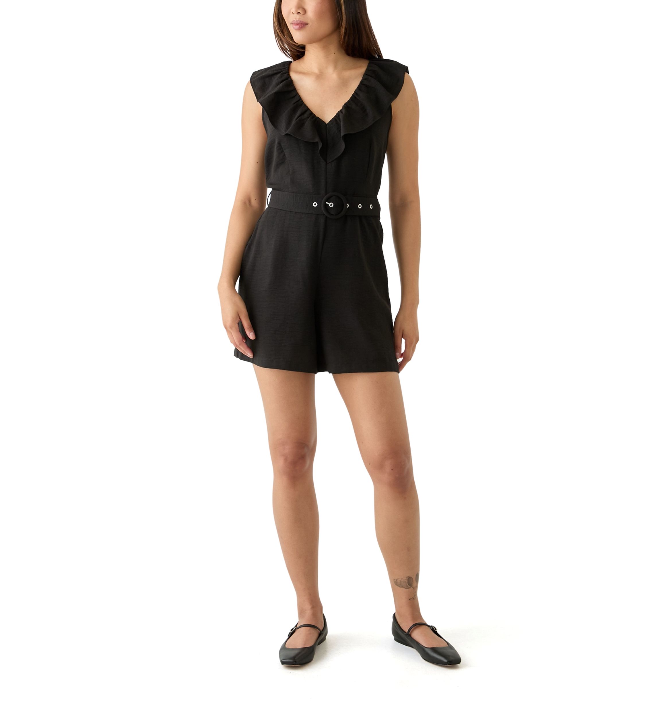 Womens Sleeveless Ruffle V-Neck Romper with Self Belt 